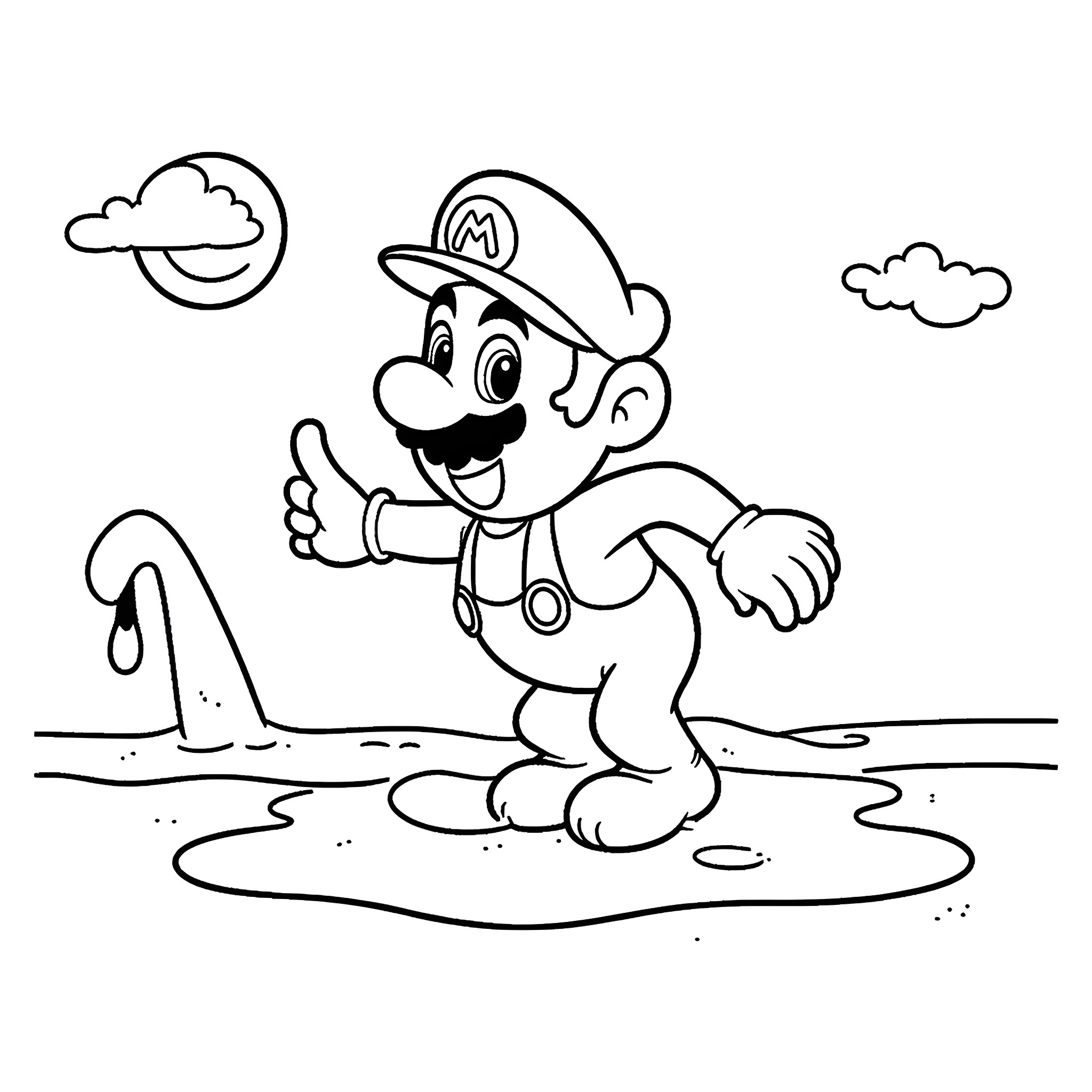 Mario happily exploring a playful environment Coloring Page (free black-and-white line drawing printable PDF for all, from beginners to advanced learners, including children, teens, adults, and seniors)