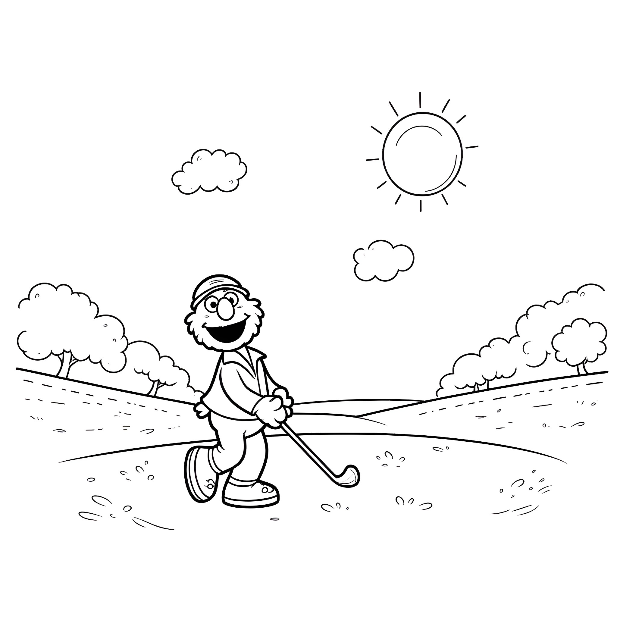 Elmo playing golf on a sunny day Coloring Page (free black-and-white line drawing printable PDF for all, from beginners to advanced learners, including children, teens, adults, and seniors)