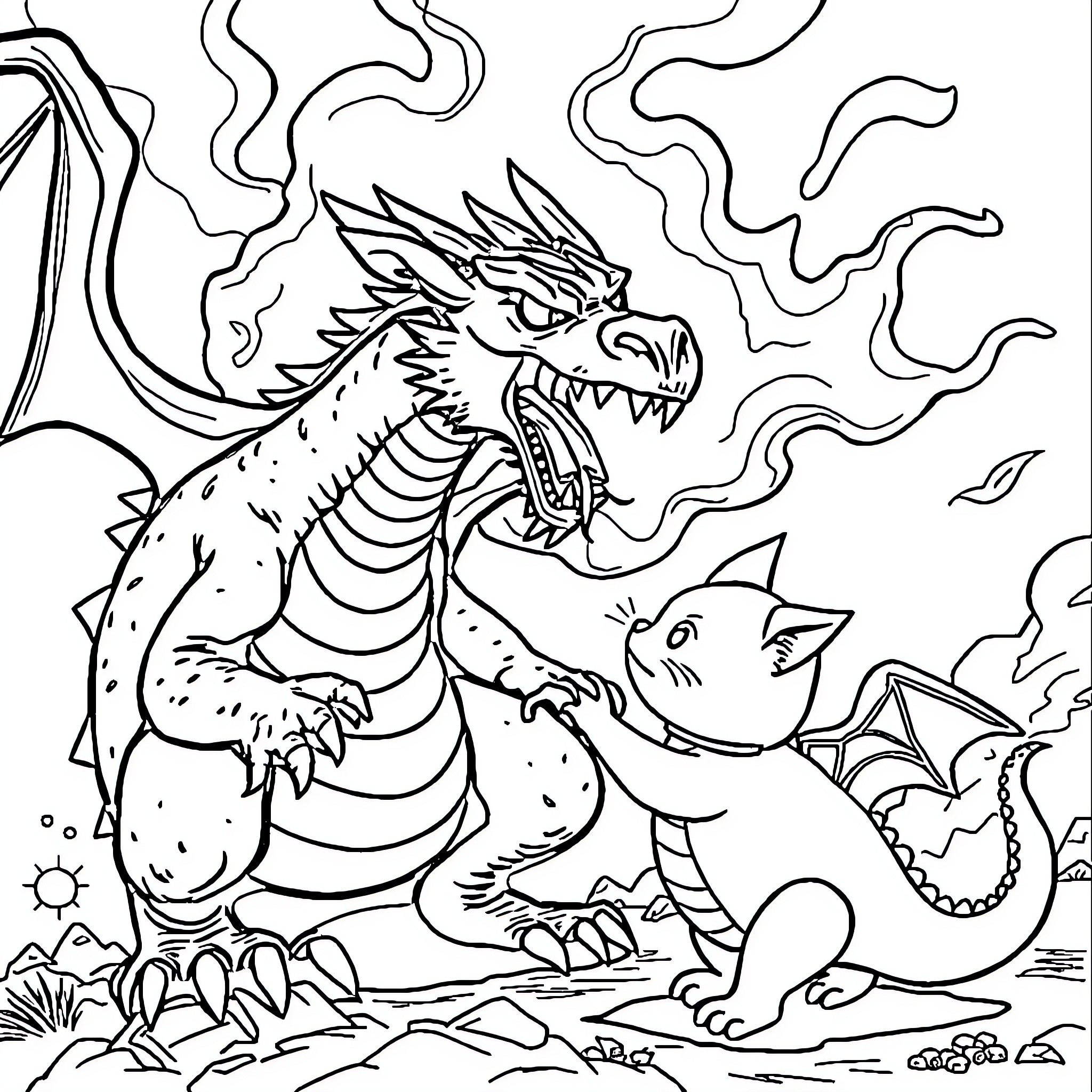 Dragon unleashing fiery breath at fearsome creature Coloring Page (free black-and-white line drawing printable PDF for all, from beginners to advanced learners, including children, teens, adults, and seniors)