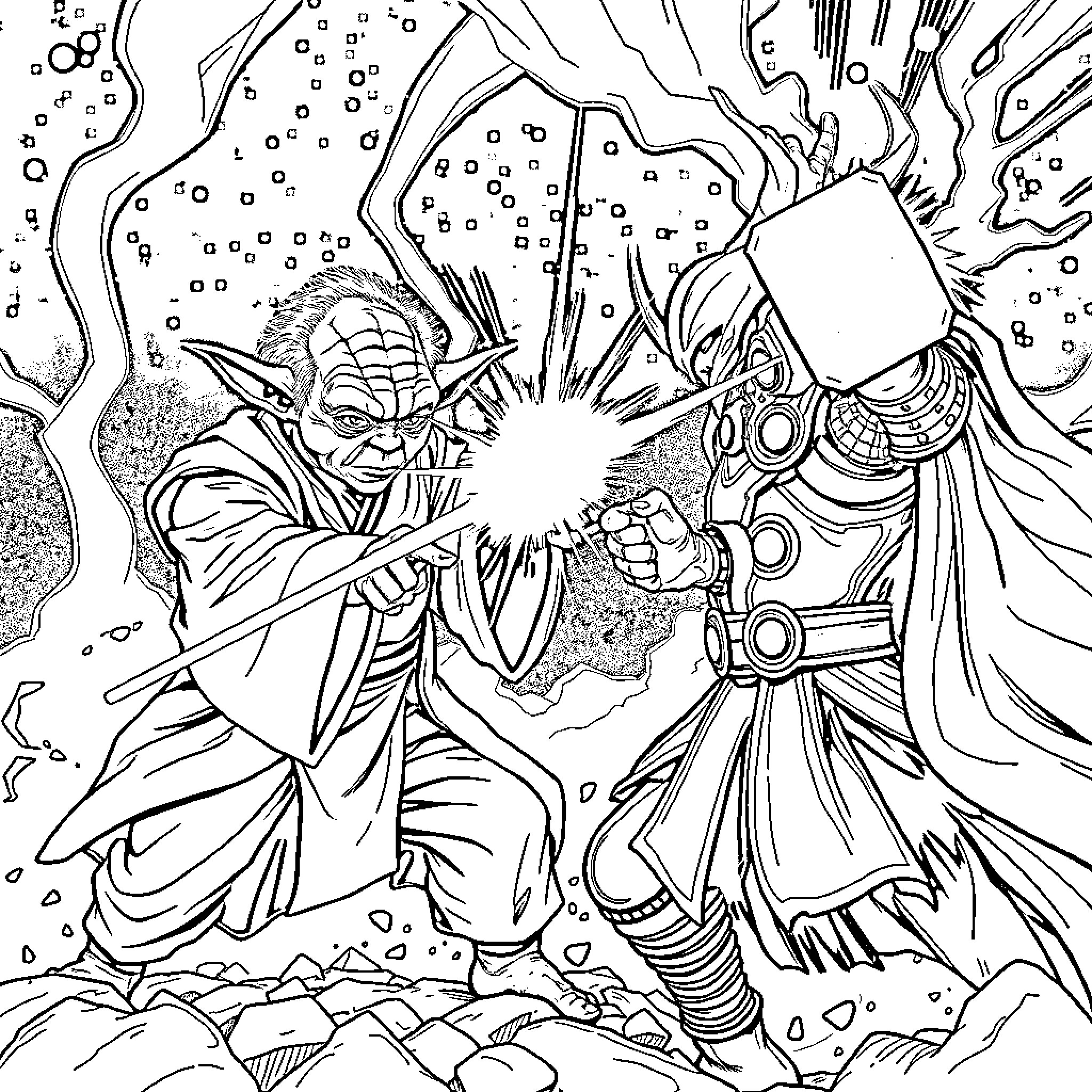 Yoda battling a powerful adversary in an intense confrontation Coloring Page (free black-and-white line drawing printable PDF for all, from beginners to advanced learners, including children, teens, adults, and seniors)