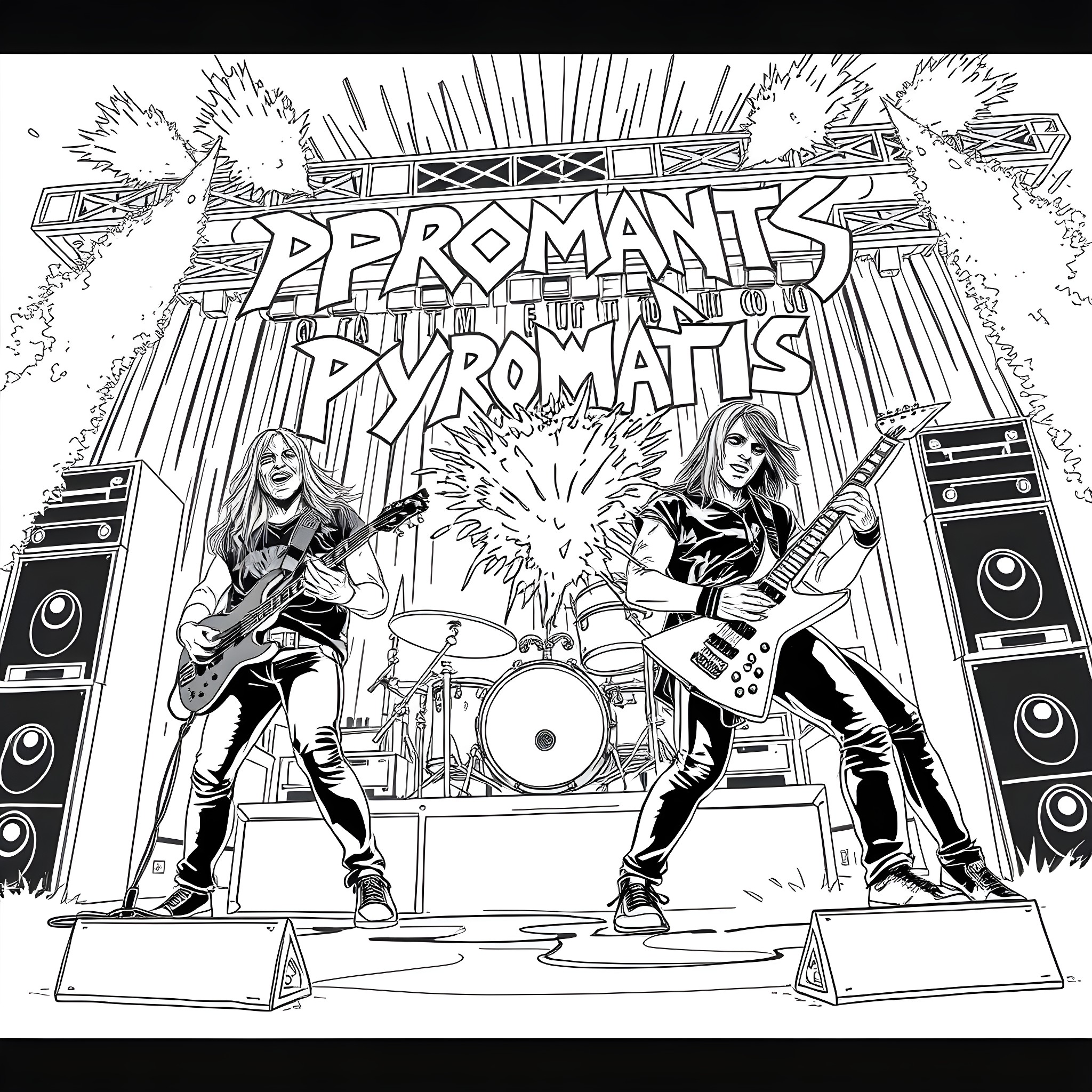 Band members performing on stage with explosive energy Coloring Page (free black-and-white line drawing printable PDF for all, from beginners to advanced learners, including children, teens, adults, and seniors)