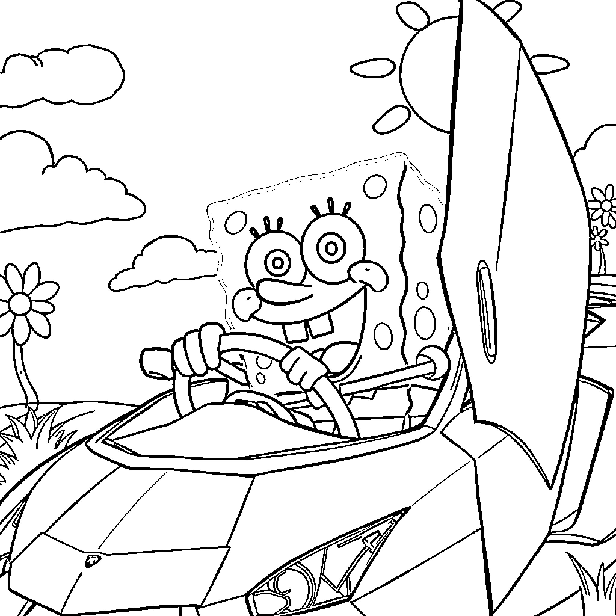 Spongebob driving a futuristic vehicle in a sunny landscape Coloring Page (free black-and-white line drawing printable PDF for all, from beginners to advanced learners, including children, teens, adults, and seniors)