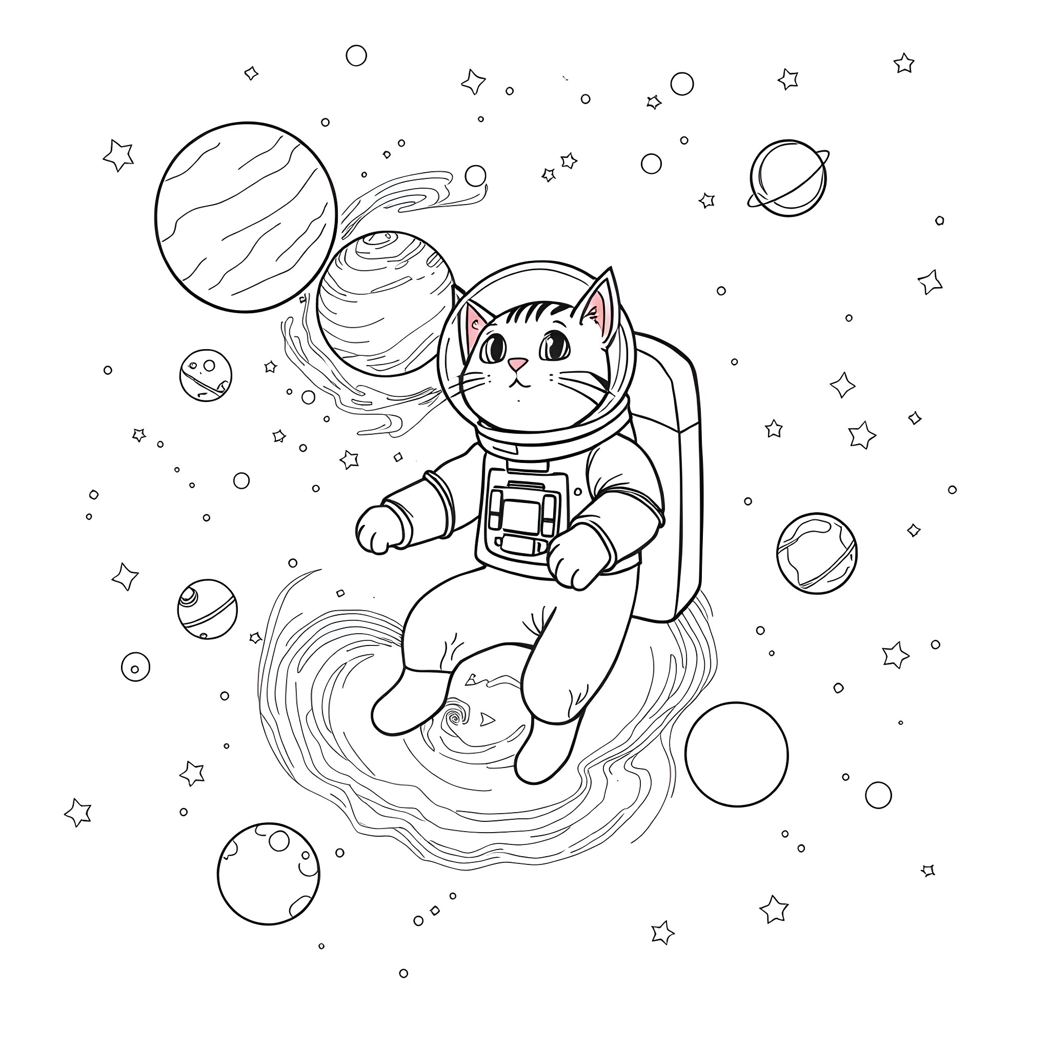 Tabby Cat Exploring the Cosmic Wonders Coloring Page (free black-and-white line drawing printable PDF for all, from beginners to advanced learners, including children, teens, adults, and seniors)
