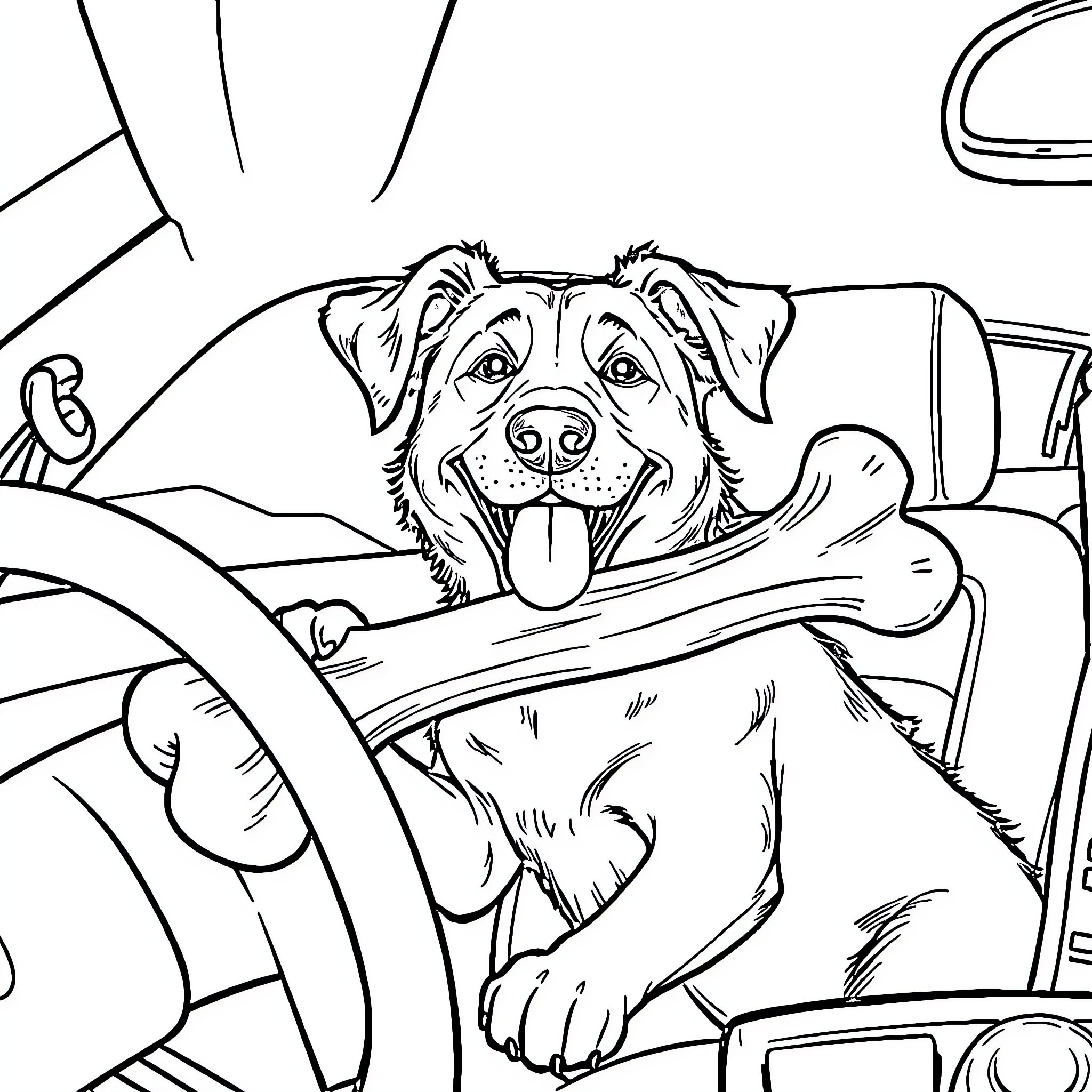 Dog enjoying car ride with big bone Coloring Page (free black-and-white line drawing printable PDF for all, from beginners to advanced learners, including children, teens, adults, and seniors)