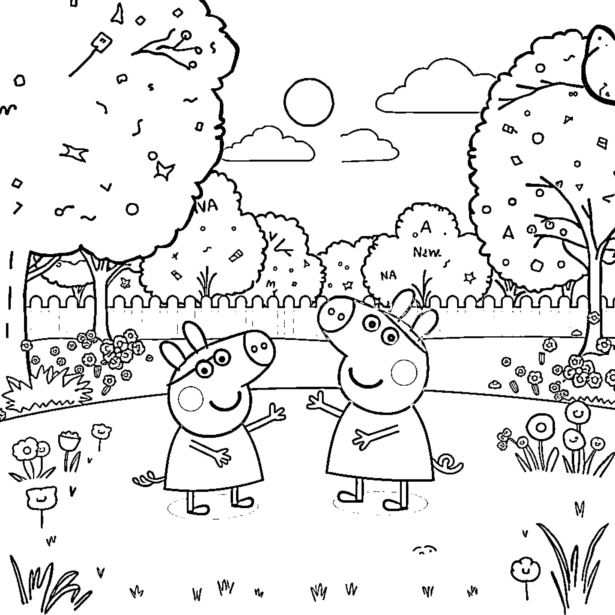 Peppa Pig and friends explore the outdoor scenery Coloring Page (free black-and-white line drawing printable PDF for all, from beginners to advanced learners, including children, teens, adults, and seniors)