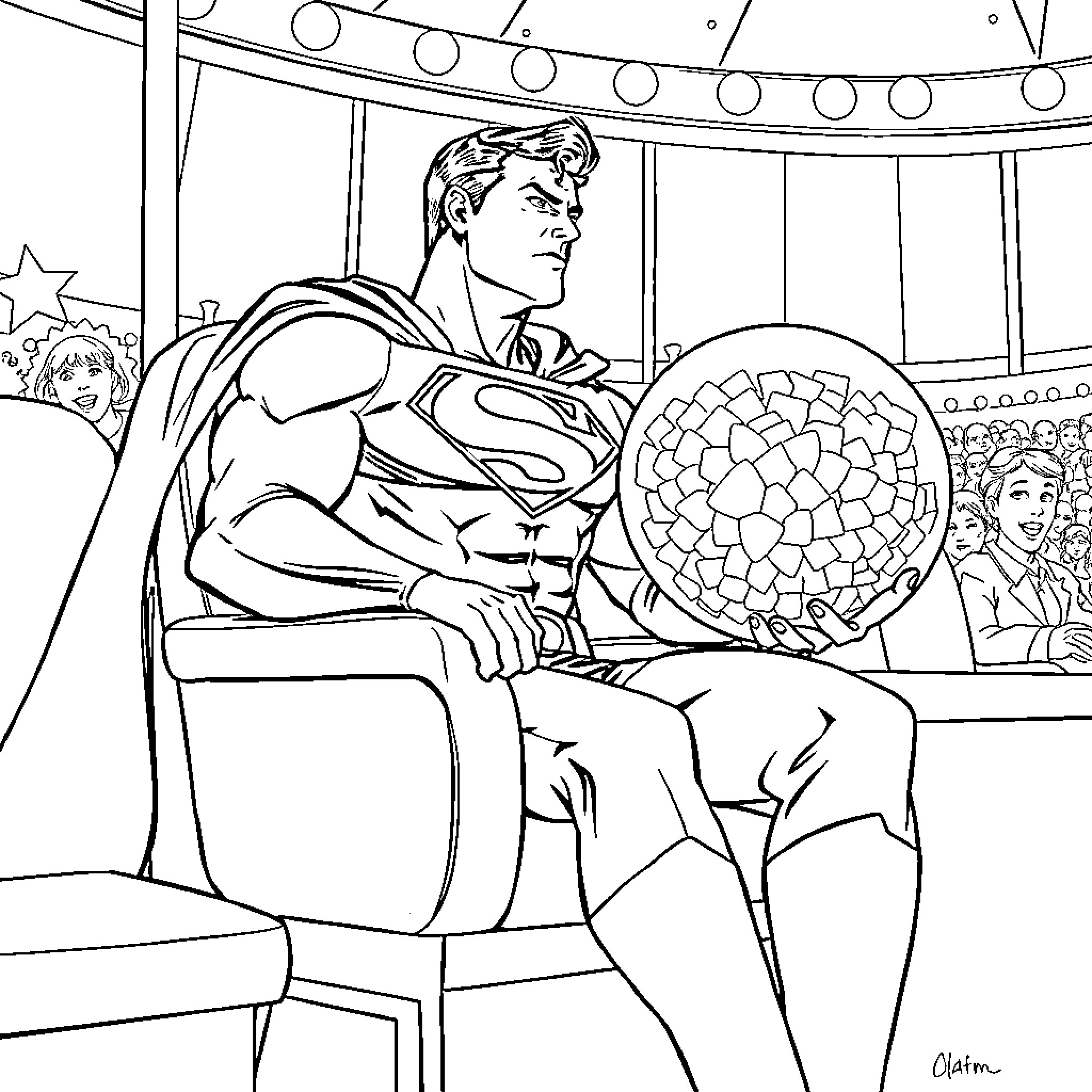 Superman Resting on Throne in Dramatic Stage Coloring Page (free black-and-white line drawing printable PDF for all, from beginners to advanced learners, including children, teens, adults, and seniors)