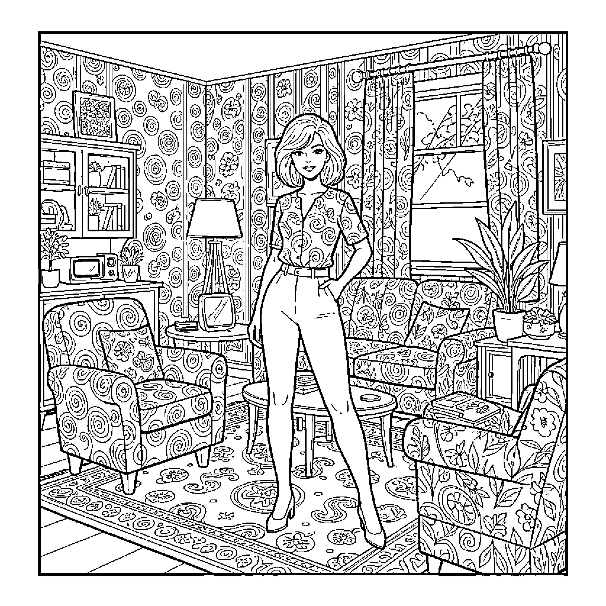 Woman standing confidently in a patterned living room Coloring Page (free black-and-white line drawing printable PDF for all, from beginners to advanced learners, including children, teens, adults, and seniors)