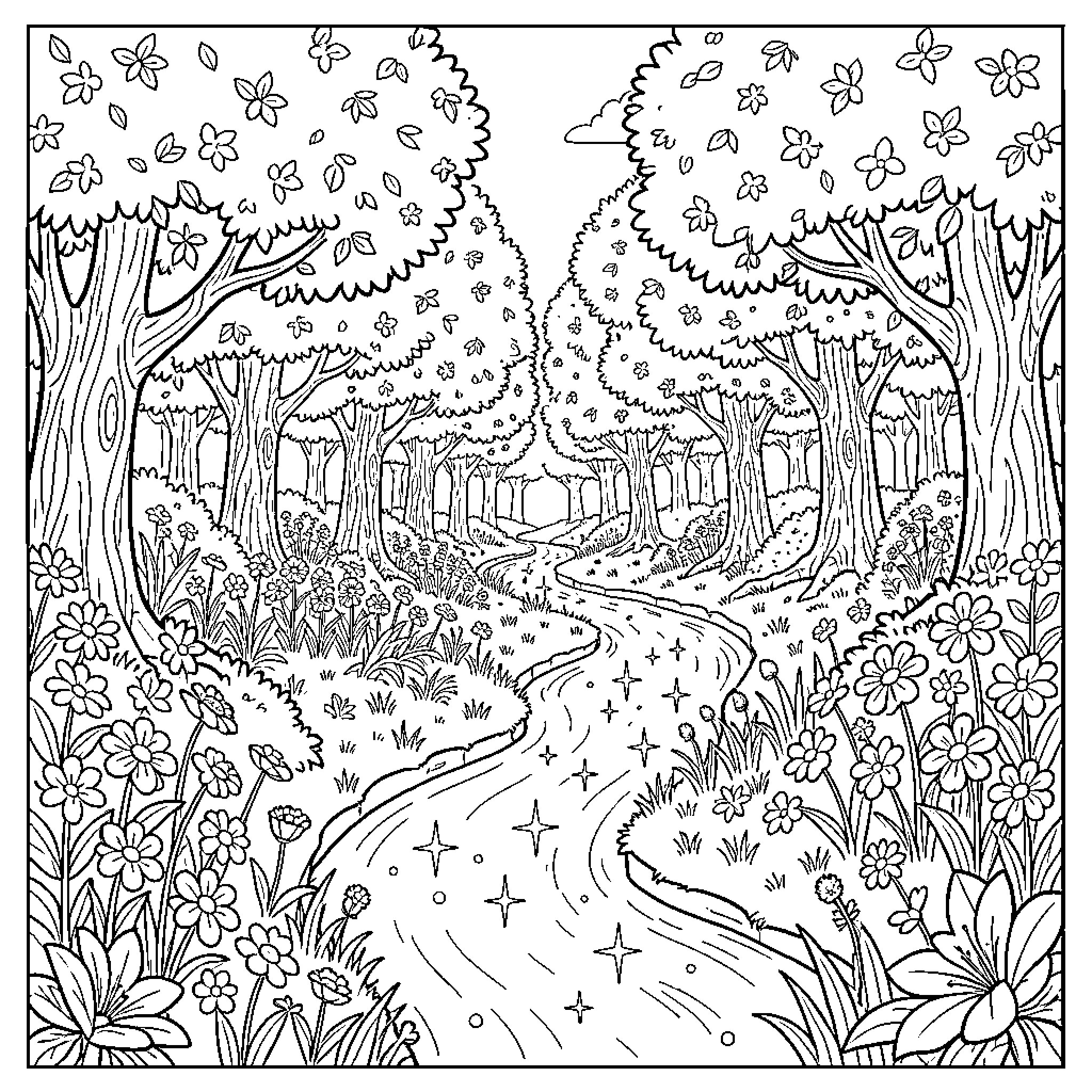 Garden path through a lush, whimsical forest Coloring Page (free black-and-white line drawing printable PDF for all, from beginners to advanced learners, including children, teens, adults, and seniors)