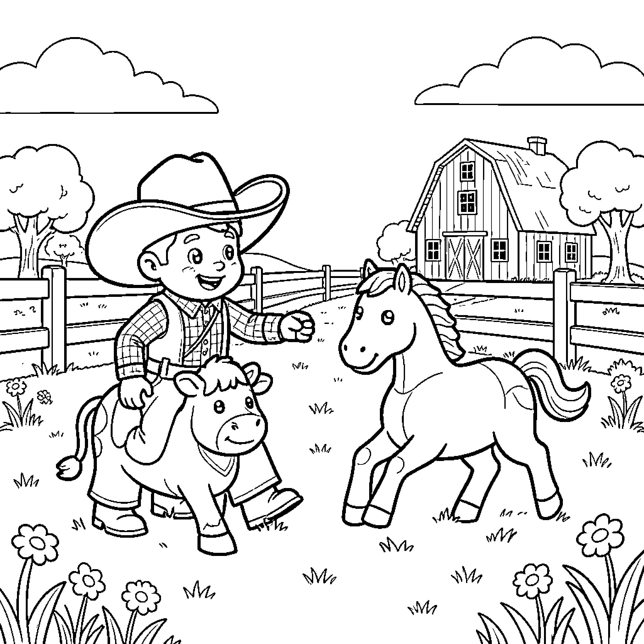 Toy Cowboy and Horses on the Farm Coloring Page (free black-and-white line drawing printable PDF for all, from beginners to advanced learners, including children, teens, adults, and seniors)