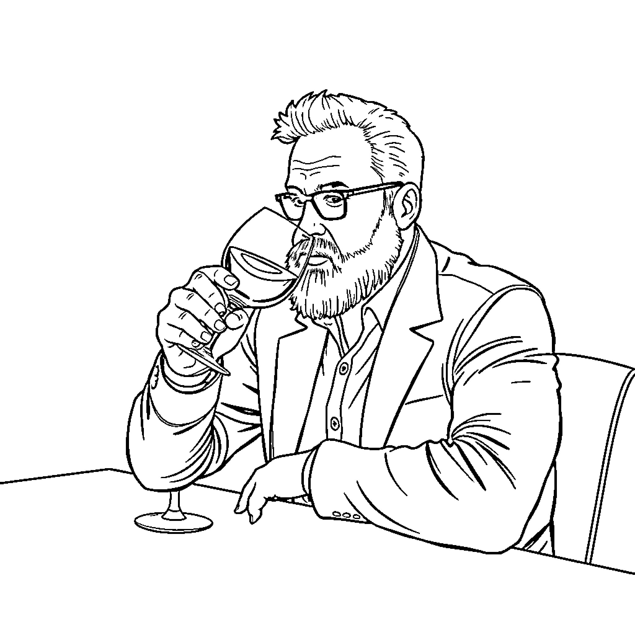 Shaw enjoying a drink in contemplative pose Coloring Page (free black-and-white line drawing printable PDF for all, from beginners to advanced learners, including children, teens, adults, and seniors)