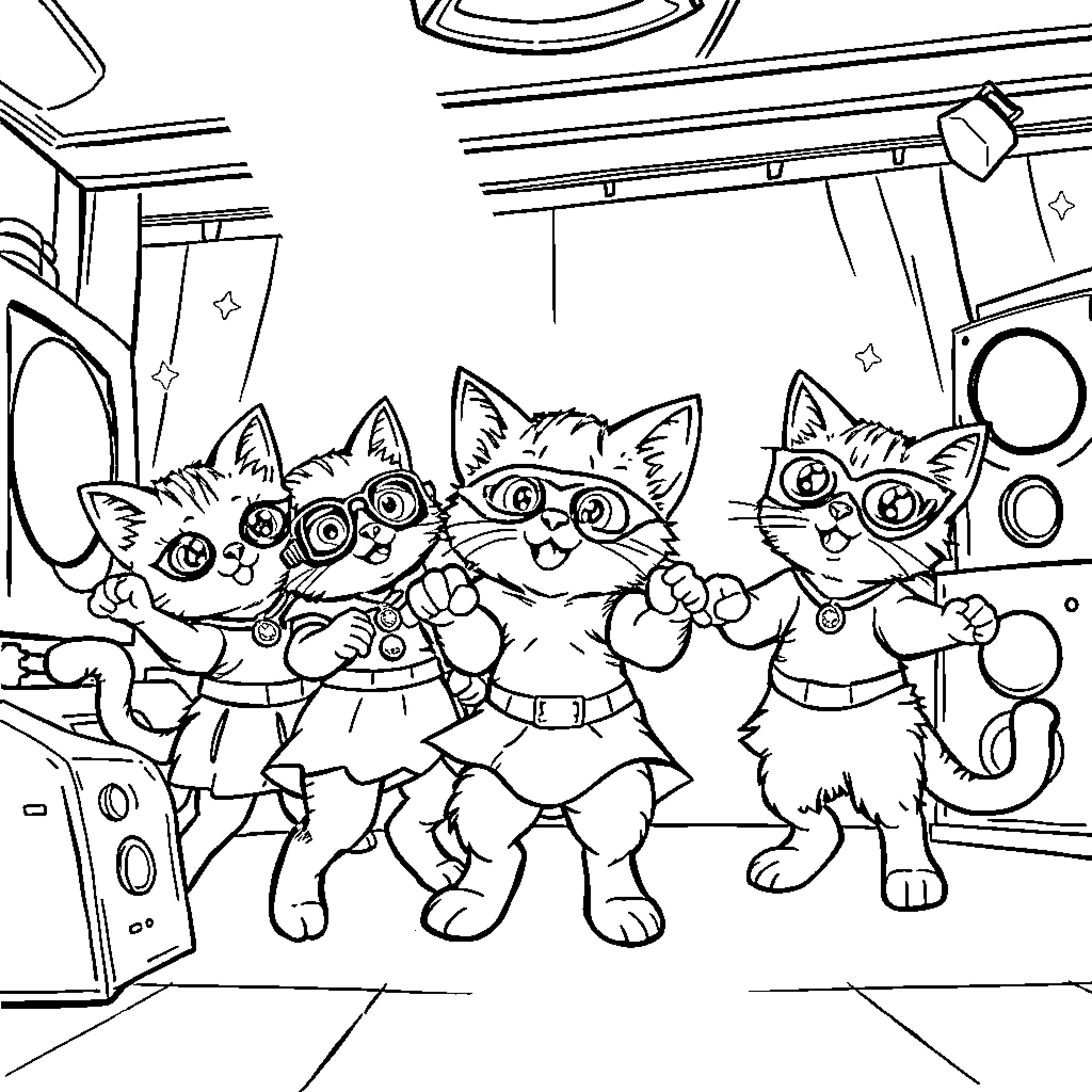 Kitty Trio Posing Playfully in Outfits Coloring Page (free black-and-white line drawing printable PDF for all, from beginners to advanced learners, including children, teens, adults, and seniors)