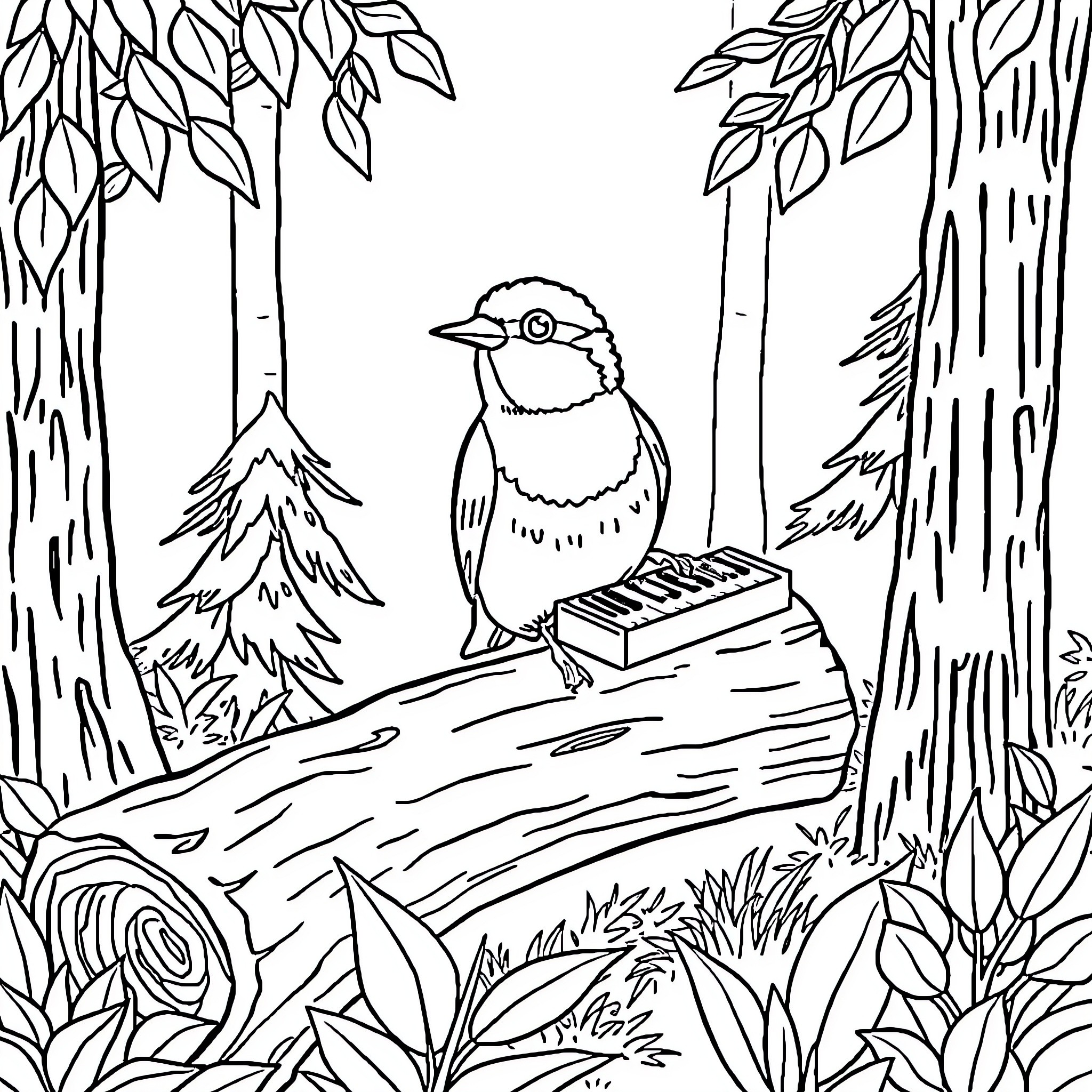 Bird playing music in the forest Coloring Page (free black-and-white line drawing printable PDF for all, from beginners to advanced learners, including children, teens, adults, and seniors)