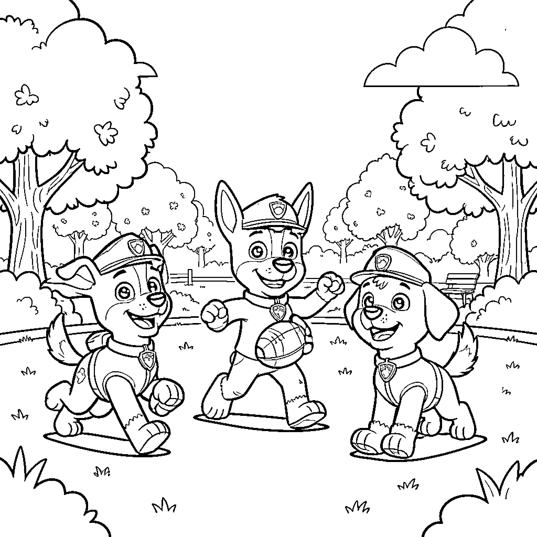 Paw Patrol pups playing happily in the park Coloring Page (free black-and-white line drawing printable PDF for all, from beginners to advanced learners, including children, teens, adults, and seniors)