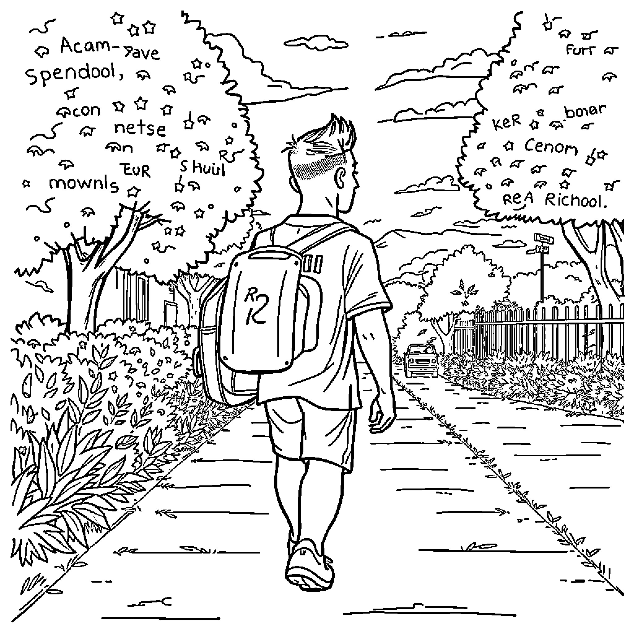 Ronaldo walking down a path with a backpack Coloring Page (free black-and-white line drawing printable PDF for all, from beginners to advanced learners, including children, teens, adults, and seniors)