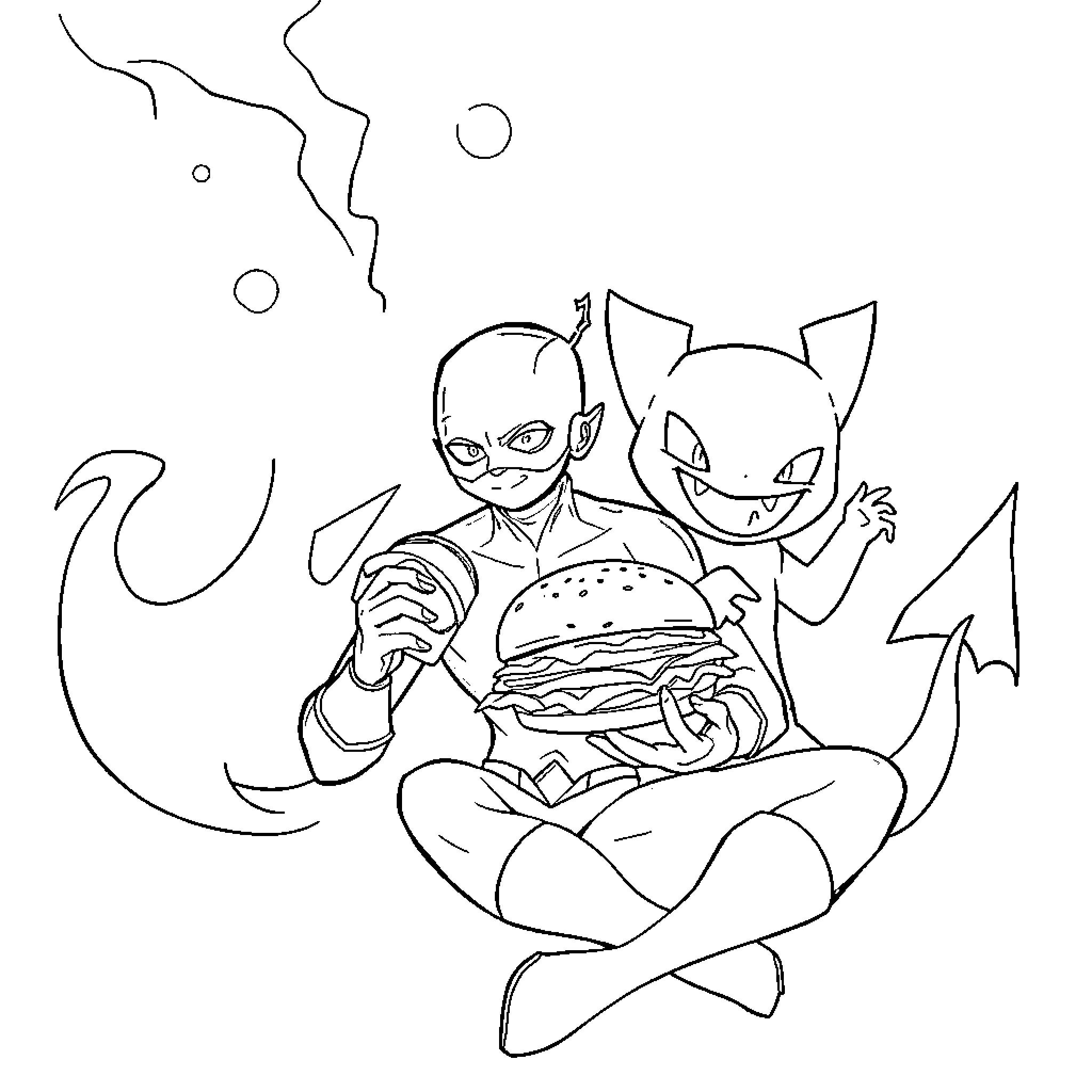 Flash Enjoying Burger with Mischievous Cat Coloring Page (free black-and-white line drawing printable PDF for all, from beginners to advanced learners, including children, teens, adults, and seniors)