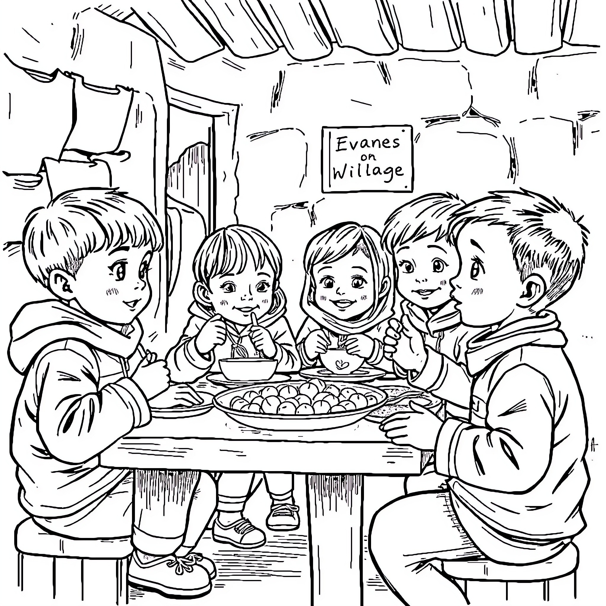 Kids enjoying a meal together at the village Coloring Page (free black-and-white line drawing printable PDF for all, from beginners to advanced learners, including children, teens, adults, and seniors)