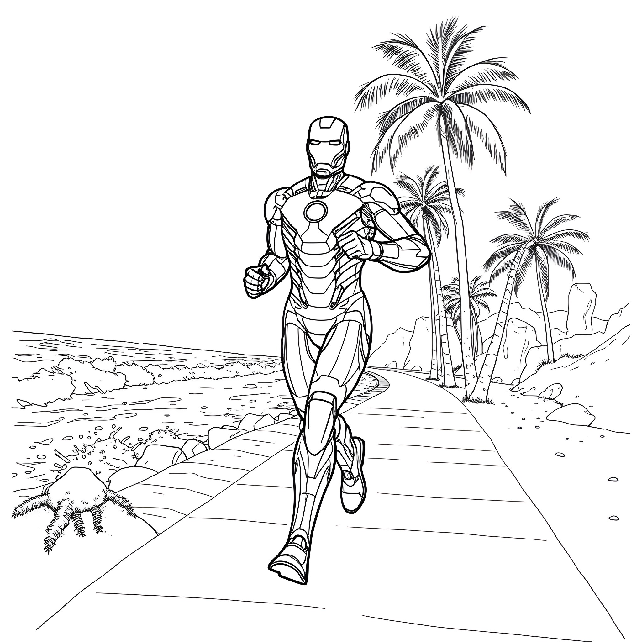 Iron Man running on a tropical beach Coloring Page (free black-and-white line drawing printable PDF for all, from beginners to advanced learners, including children, teens, adults, and seniors)