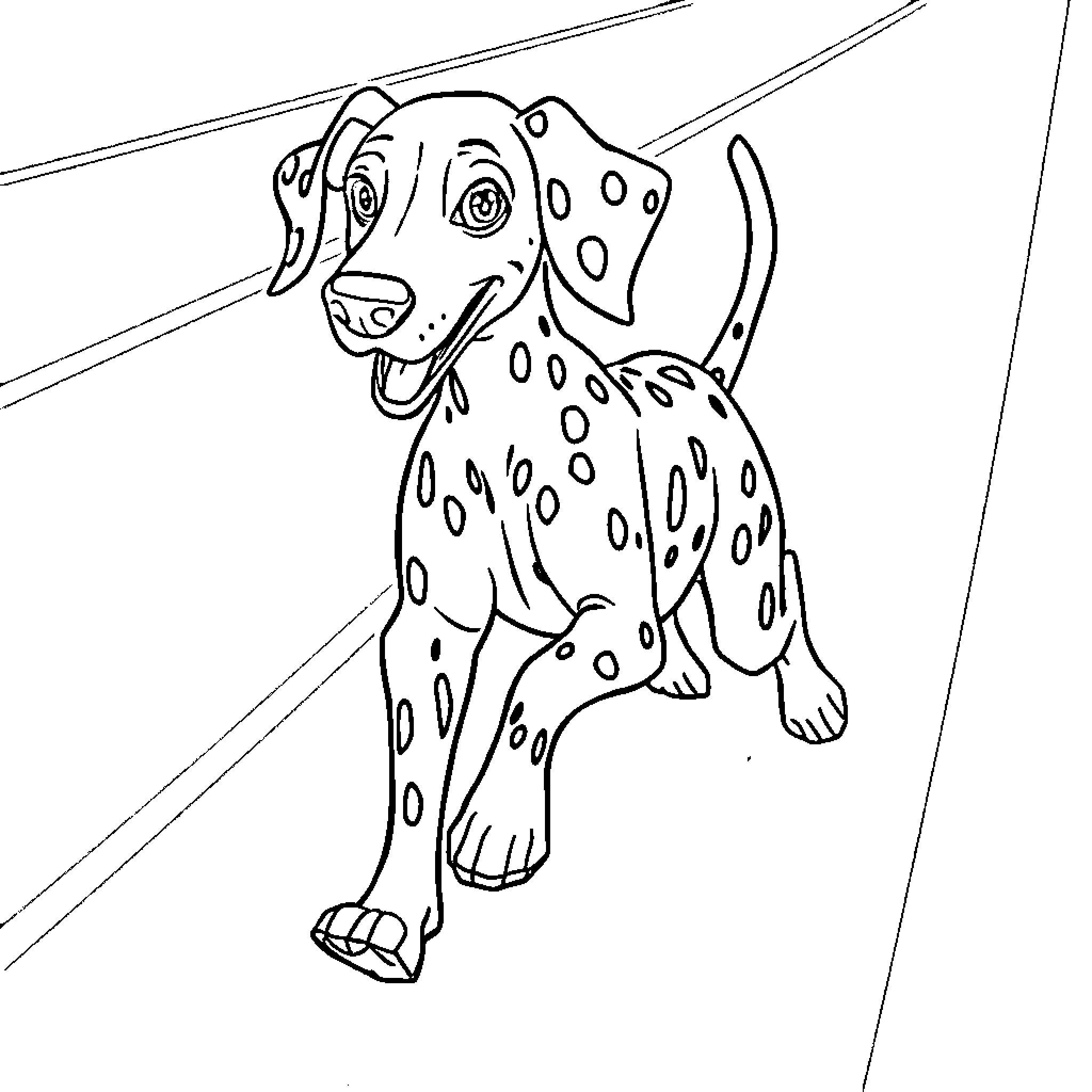 Dalmatian dog running playfully Coloring Page (free black-and-white line drawing printable PDF for all, from beginners to advanced learners, including children, teens, adults, and seniors)