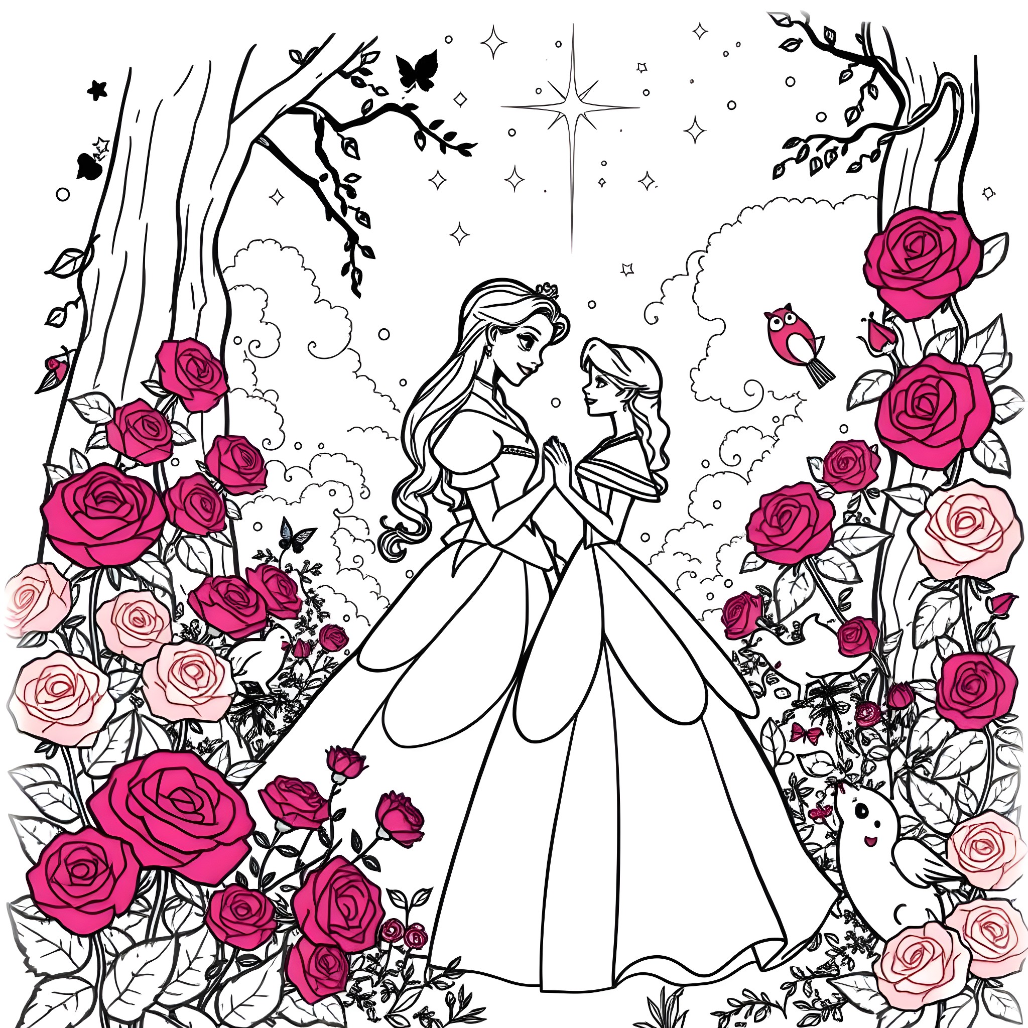 Belle and her companion in a whimsical floral landscape Coloring Page (free black-and-white line drawing printable PDF for all, from beginners to advanced learners, including children, teens, adults, and seniors)