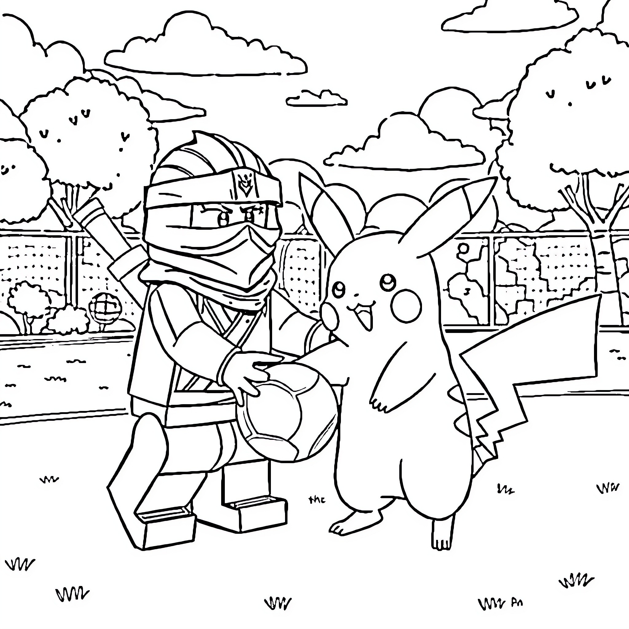 Lloyd and Pikachu playing together in the park Coloring Page (free black-and-white line drawing printable PDF for all, from beginners to advanced learners, including children, teens, adults, and seniors)