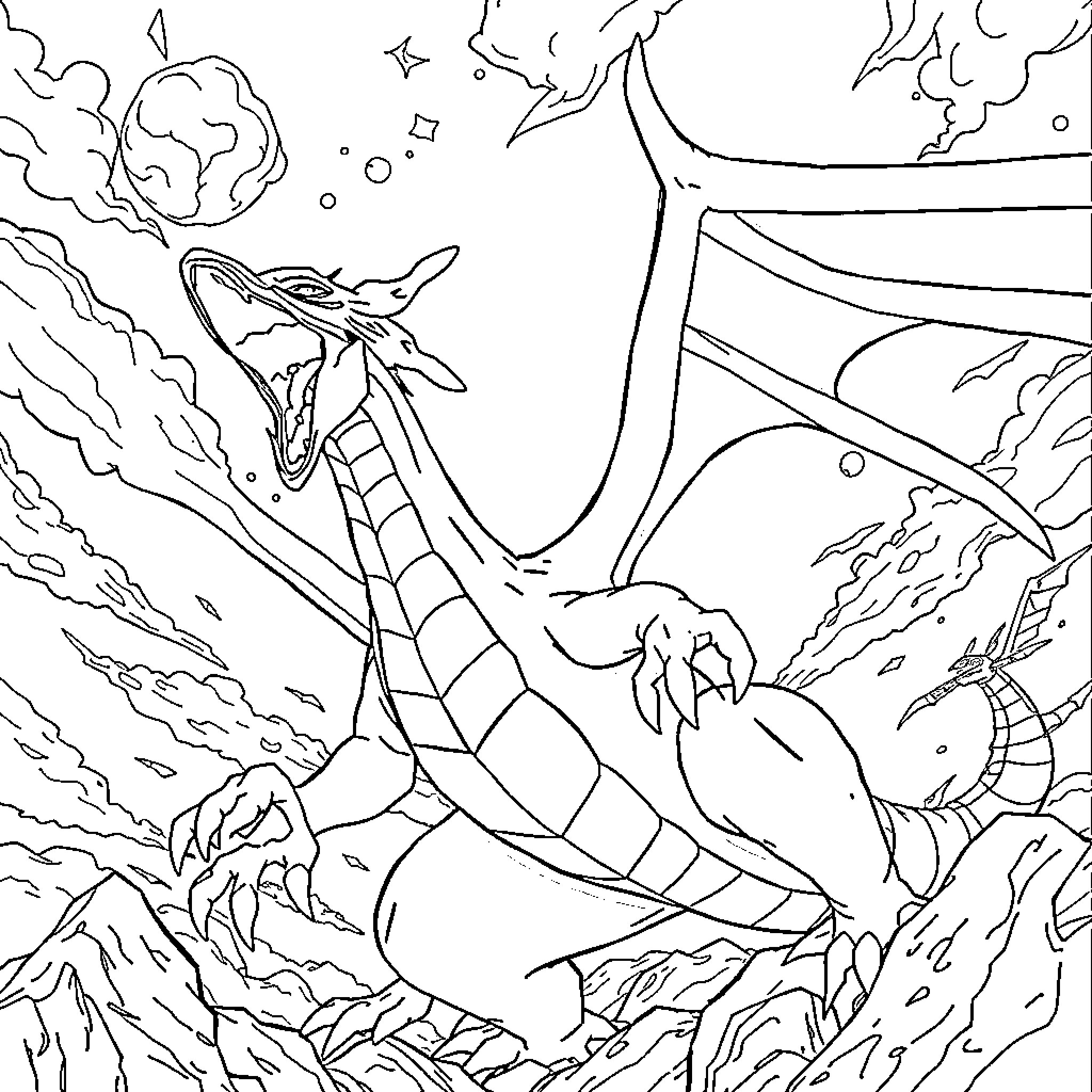 Rayquaza battling in a cosmic space scene Coloring Page (free black-and-white line drawing printable PDF for all, from beginners to advanced learners, including children, teens, adults, and seniors)