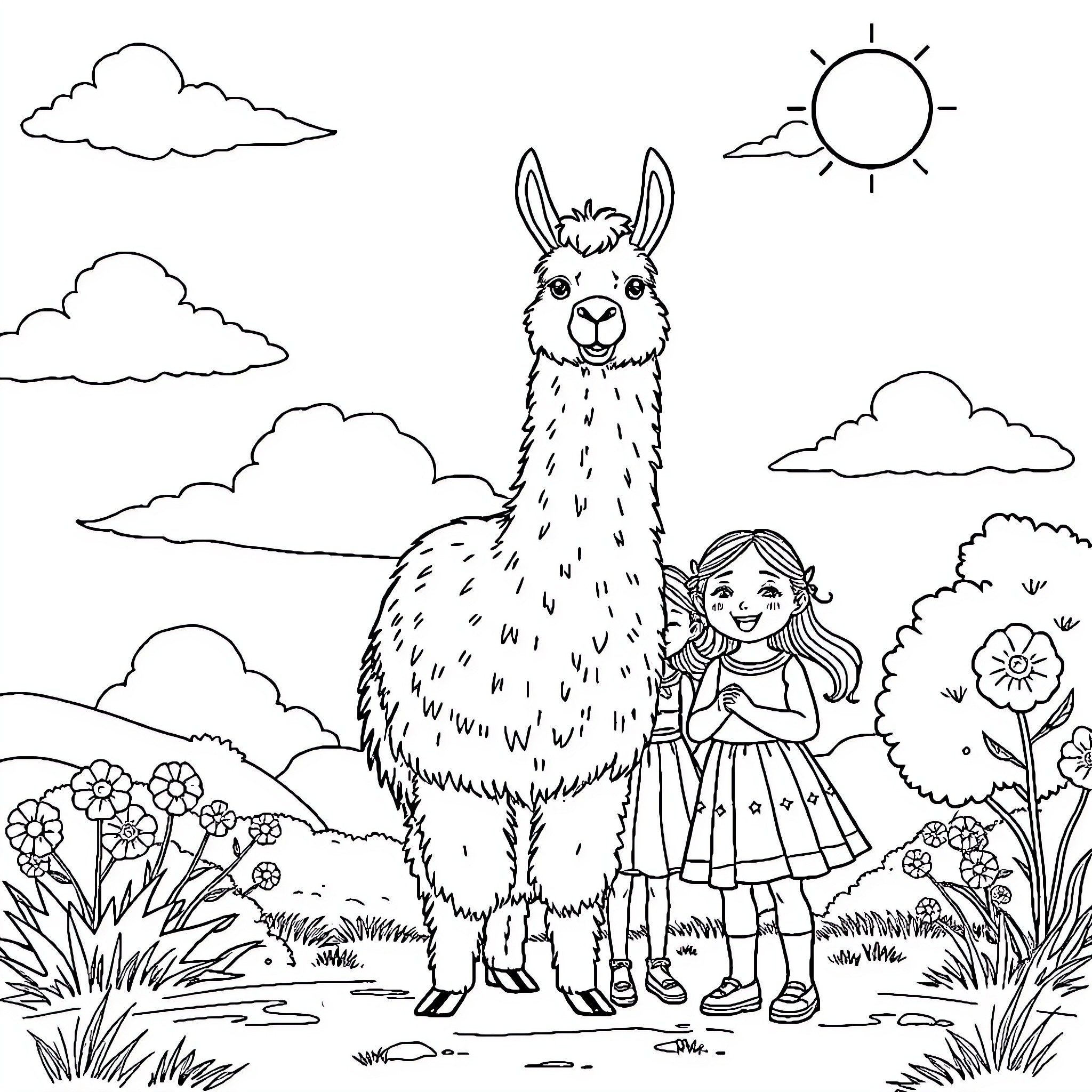 Llama and young girl in the countryside Coloring Page (free black-and-white line drawing printable PDF for all, from beginners to advanced learners, including children, teens, adults, and seniors)