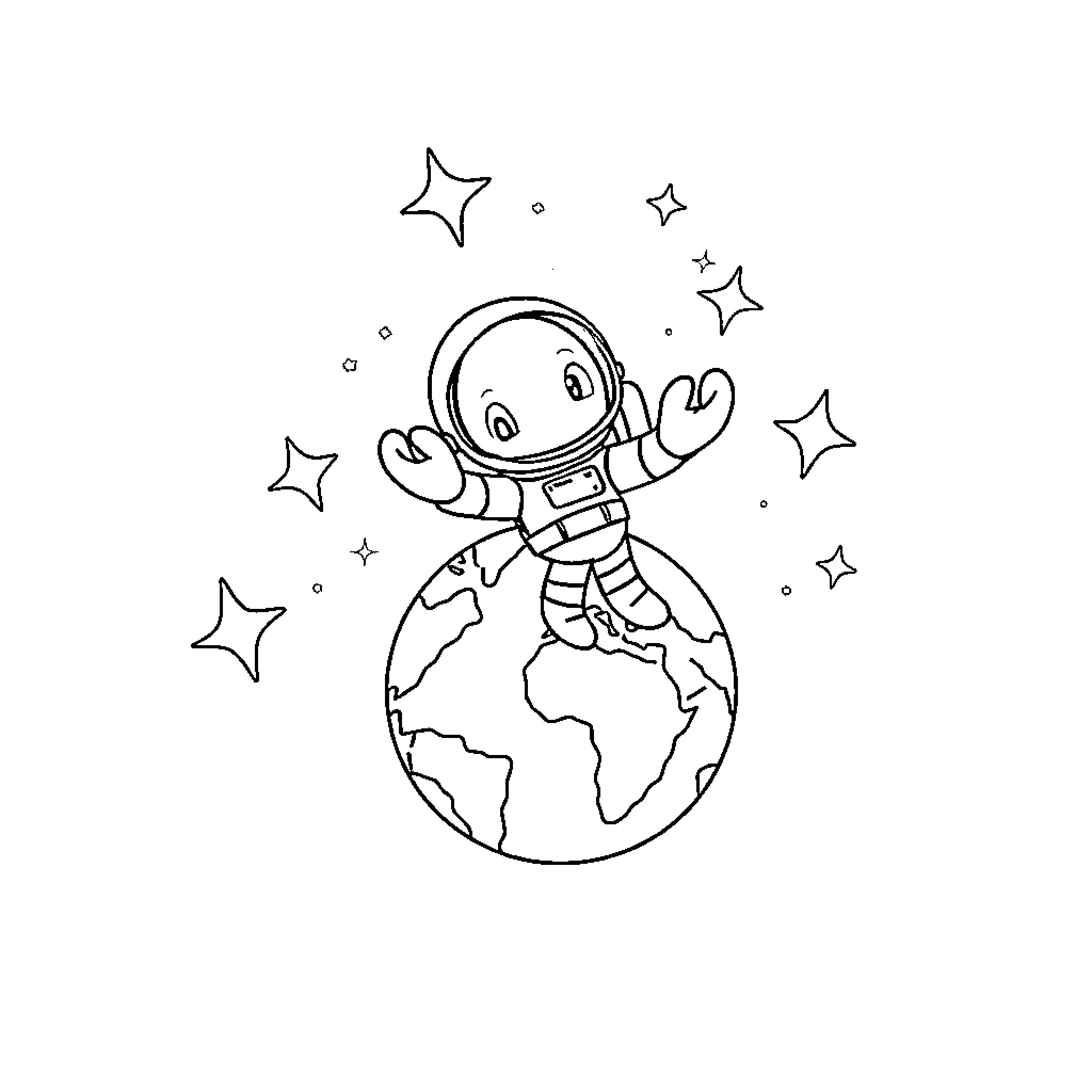 Shrimp astronaut exploring the globe with stars Coloring Page (free black-and-white line drawing printable PDF for all, from beginners to advanced learners, including children, teens, adults, and seniors)