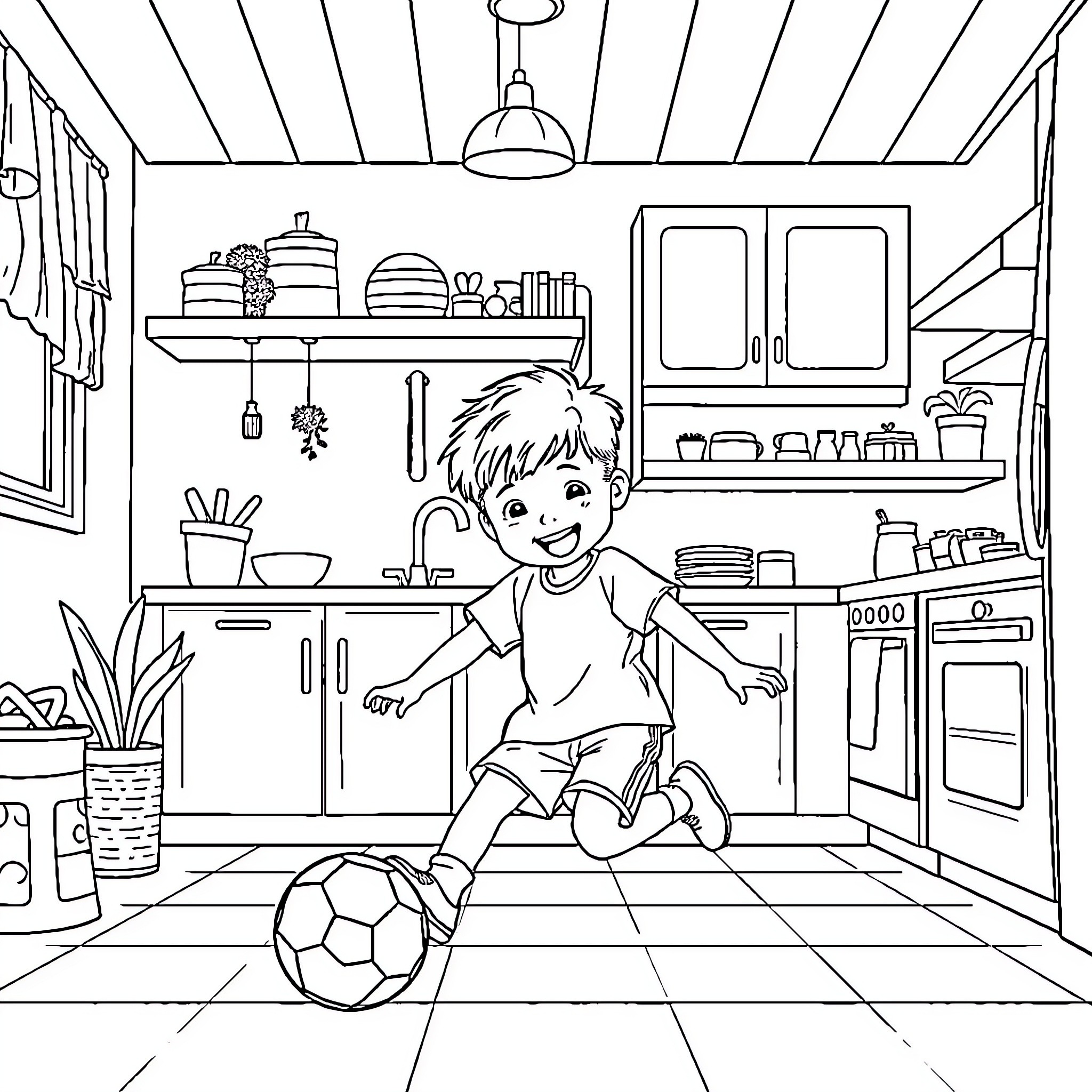 Football player enjoying indoor activities at home Coloring Page (free black-and-white line drawing printable PDF for all, from beginners to advanced learners, including children, teens, adults, and seniors)