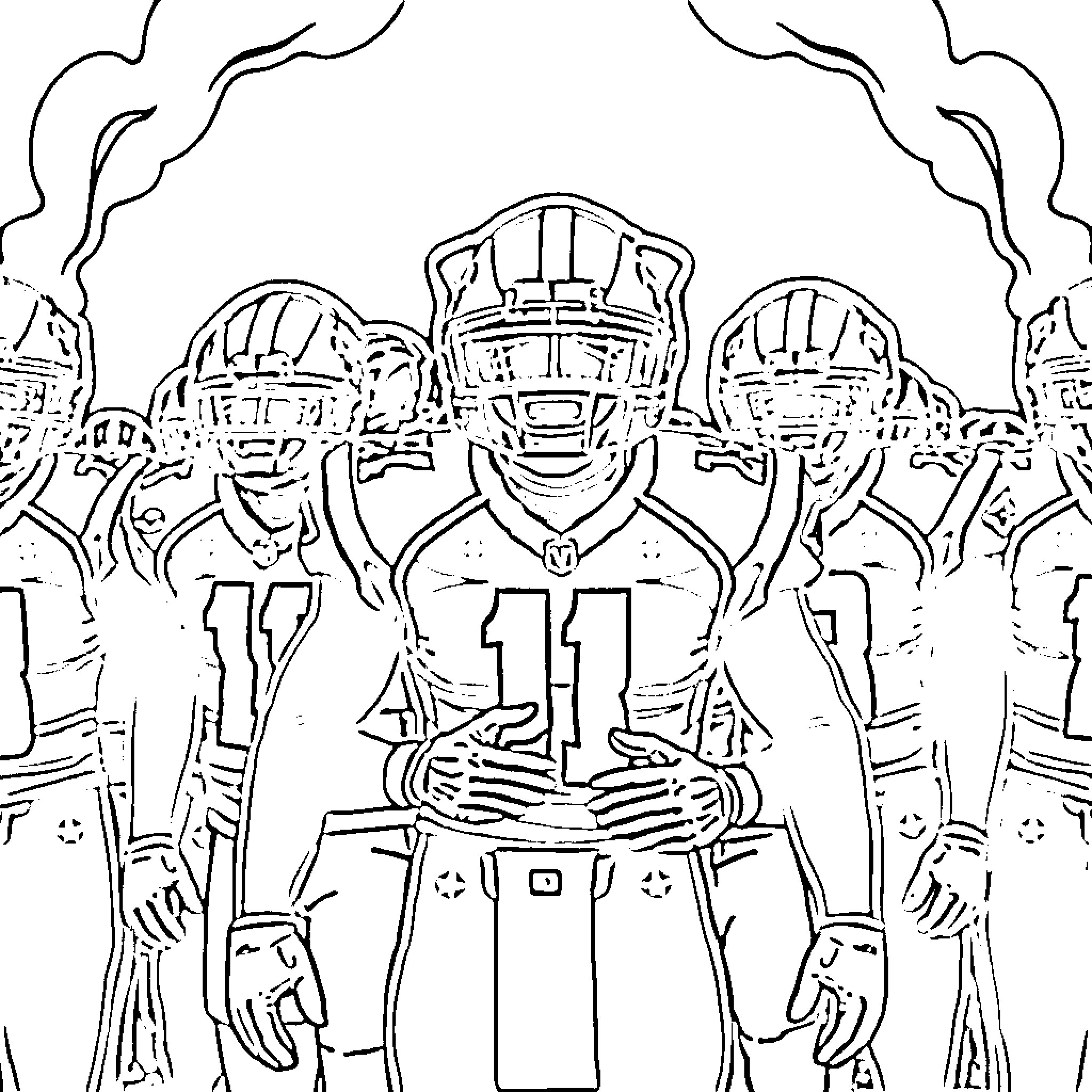 Panther football players in intense formation Coloring Page (free black-and-white line drawing printable PDF for all, from beginners to advanced learners, including children, teens, adults, and seniors)