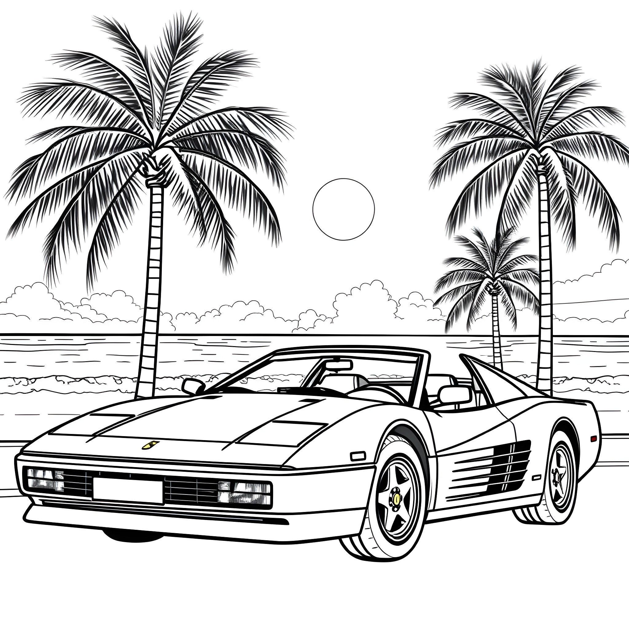 Ferrari sports car on tropical beach Coloring Page (free black-and-white line drawing printable PDF for all, from beginners to advanced learners, including children, teens, adults, and seniors)