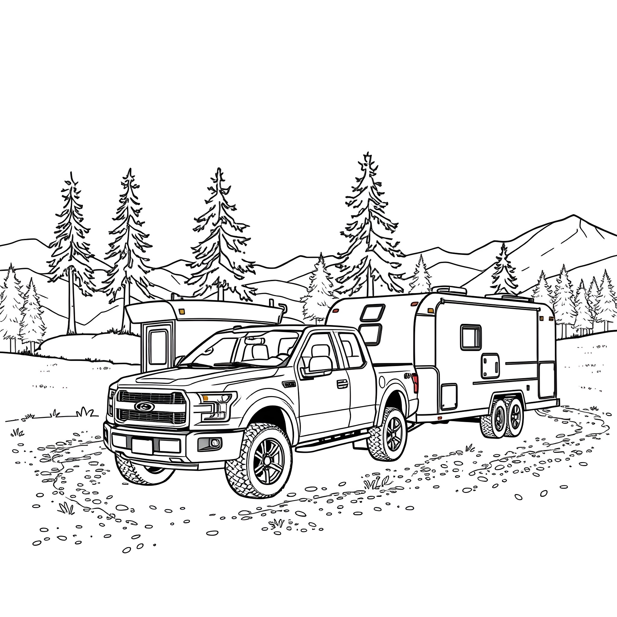 Pickup truck towing camper in mountain landscape Coloring Page (free black-and-white line drawing printable PDF for all, from beginners to advanced learners, including children, teens, adults, and seniors)