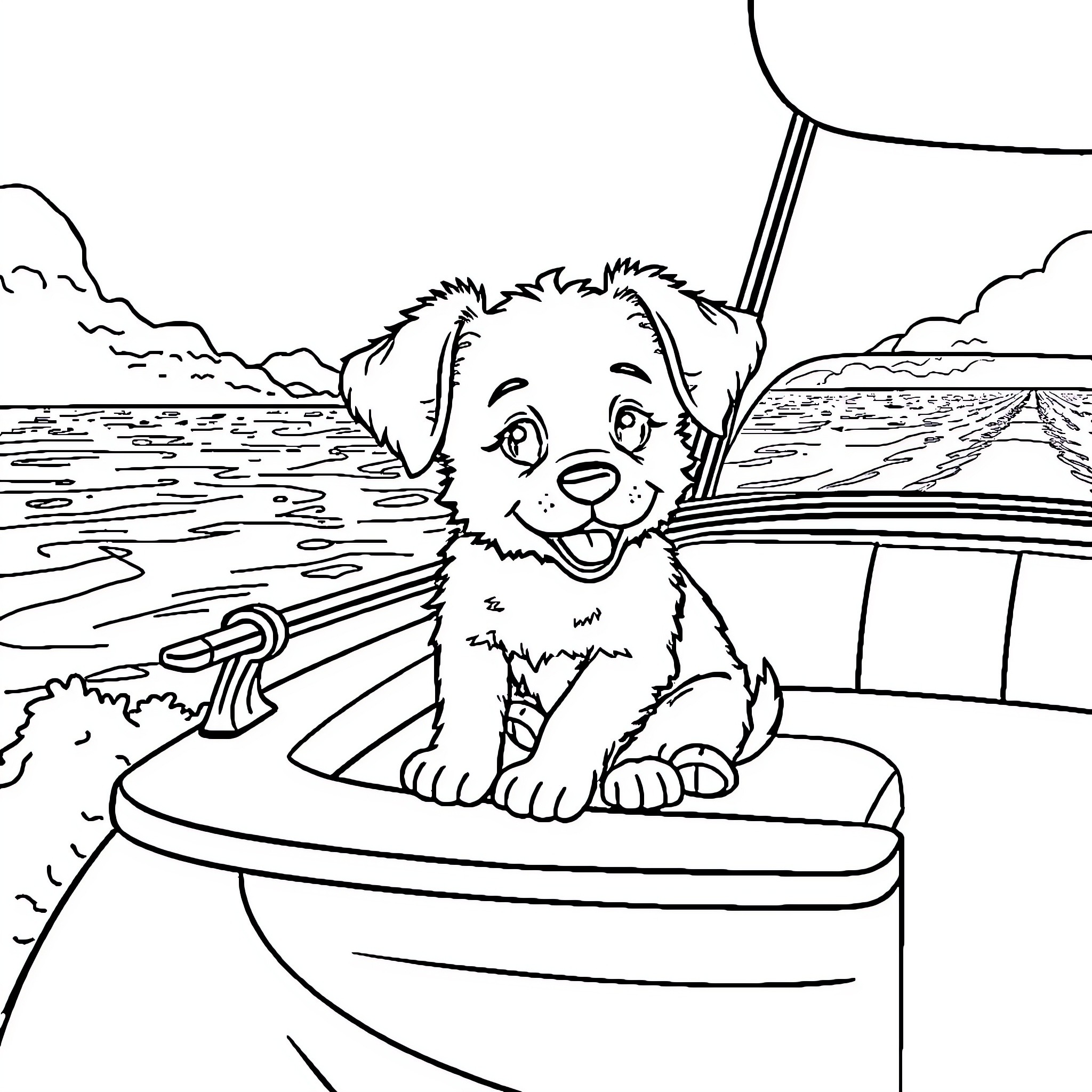 Puppy enjoying a boat ride on the lake Coloring Page (free black-and-white line drawing printable PDF for all, from beginners to advanced learners, including children, teens, adults, and seniors)