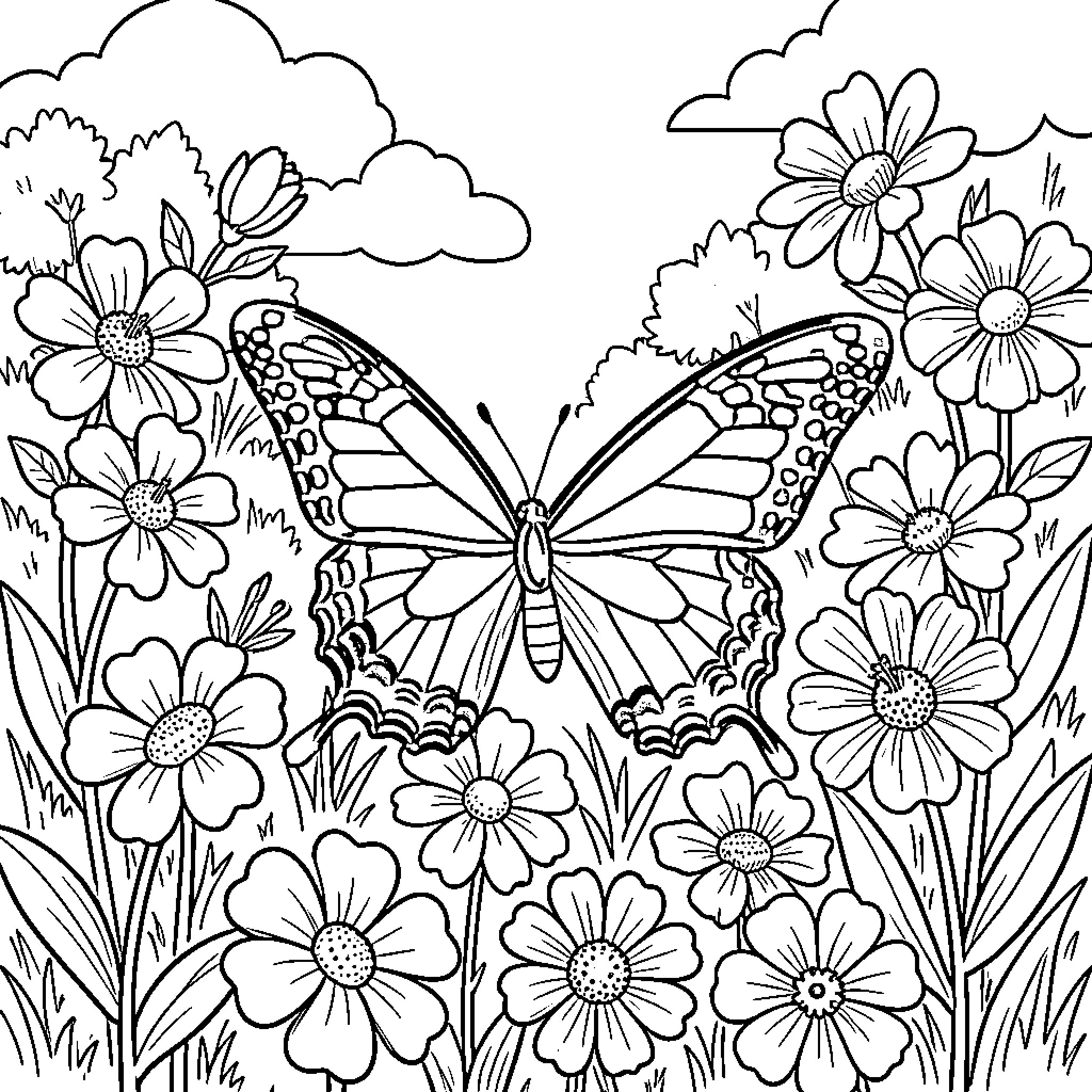 Butterfly resting among beautiful blooming flowers Coloring Page (free black-and-white line drawing printable PDF for all, from beginners to advanced learners, including children, teens, adults, and seniors)