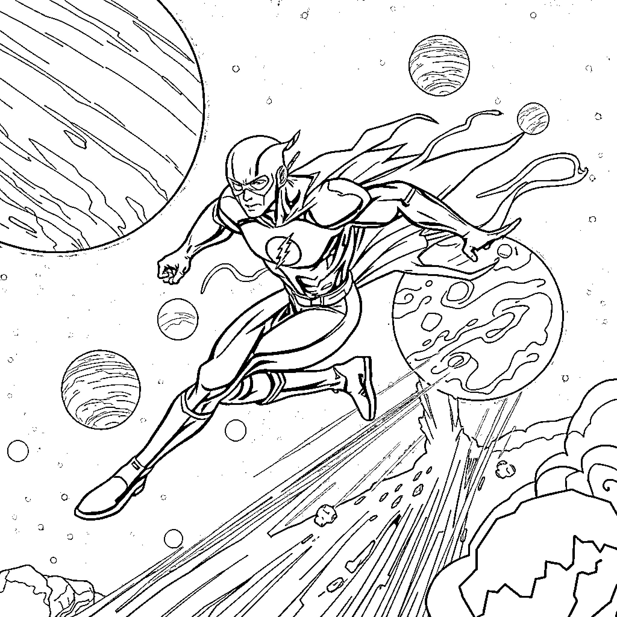 Superhero soaring through cosmic space Coloring Page (free black-and-white line drawing printable PDF for all, from beginners to advanced learners, including children, teens, adults, and seniors)
