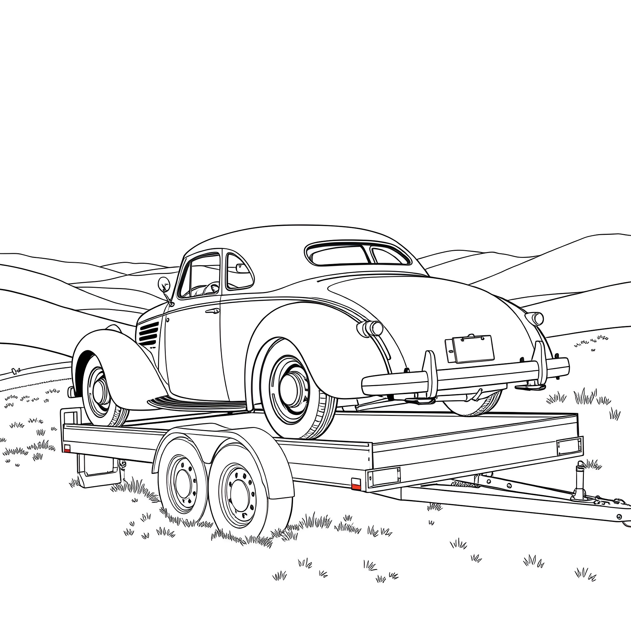 Car being transported on a trailer in the countryside Coloring Page (free black-and-white line drawing printable PDF for all, from beginners to advanced learners, including children, teens, adults, and seniors)