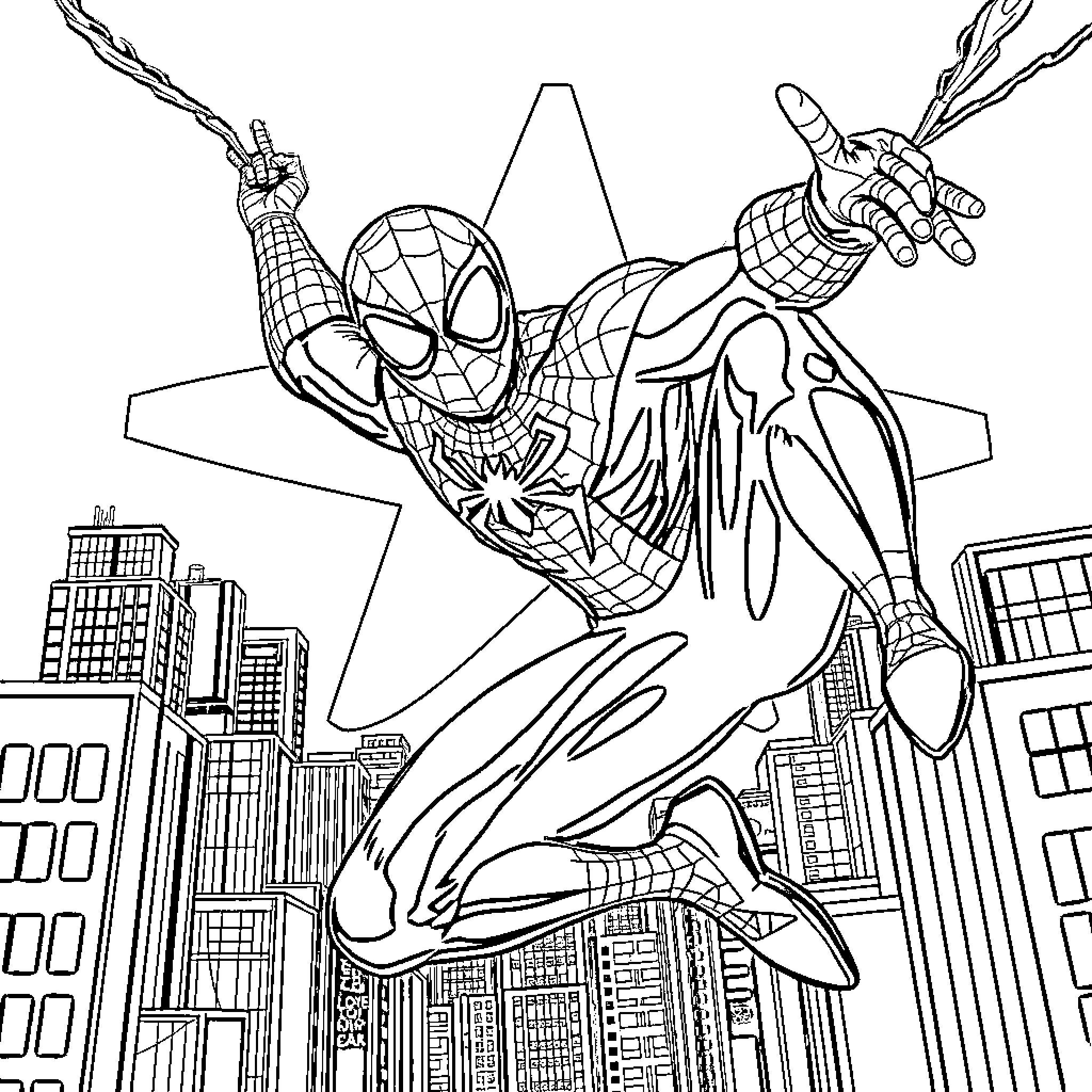 Spiderman swinging through the city skyline Coloring Page (free black-and-white line drawing printable PDF for all, from beginners to advanced learners, including children, teens, adults, and seniors)