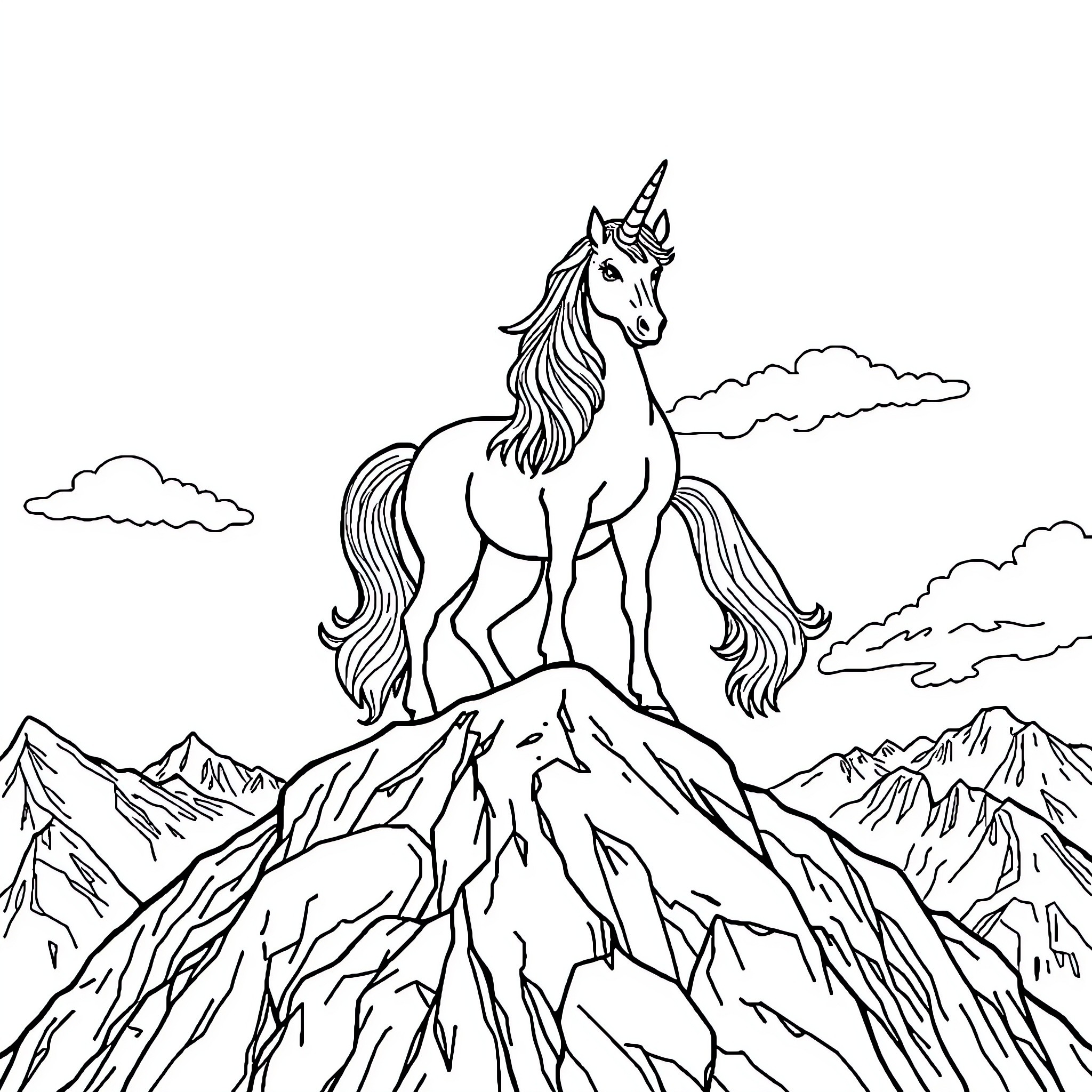 Unicorn standing proudly on a mountain peak Coloring Page (free black-and-white line drawing printable PDF for all, from beginners to advanced learners, including children, teens, adults, and seniors)