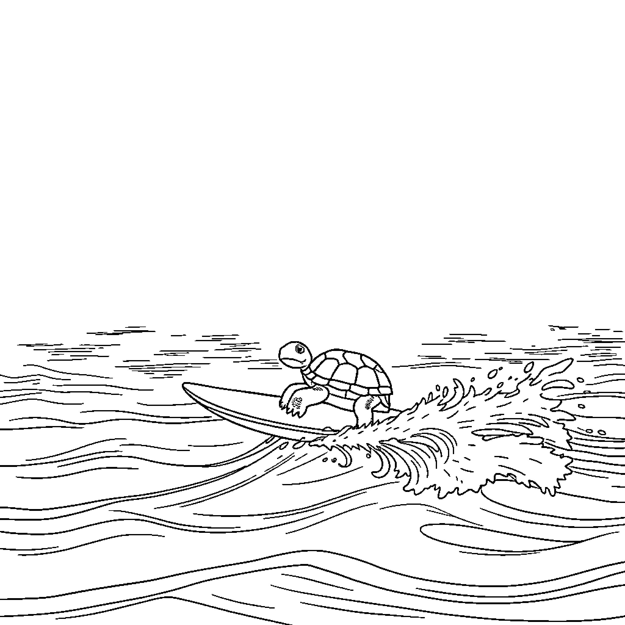 Turtle Riding Waves in the Ocean Coloring Page (free black-and-white line drawing printable PDF for all, from beginners to advanced learners, including children, teens, adults, and seniors)