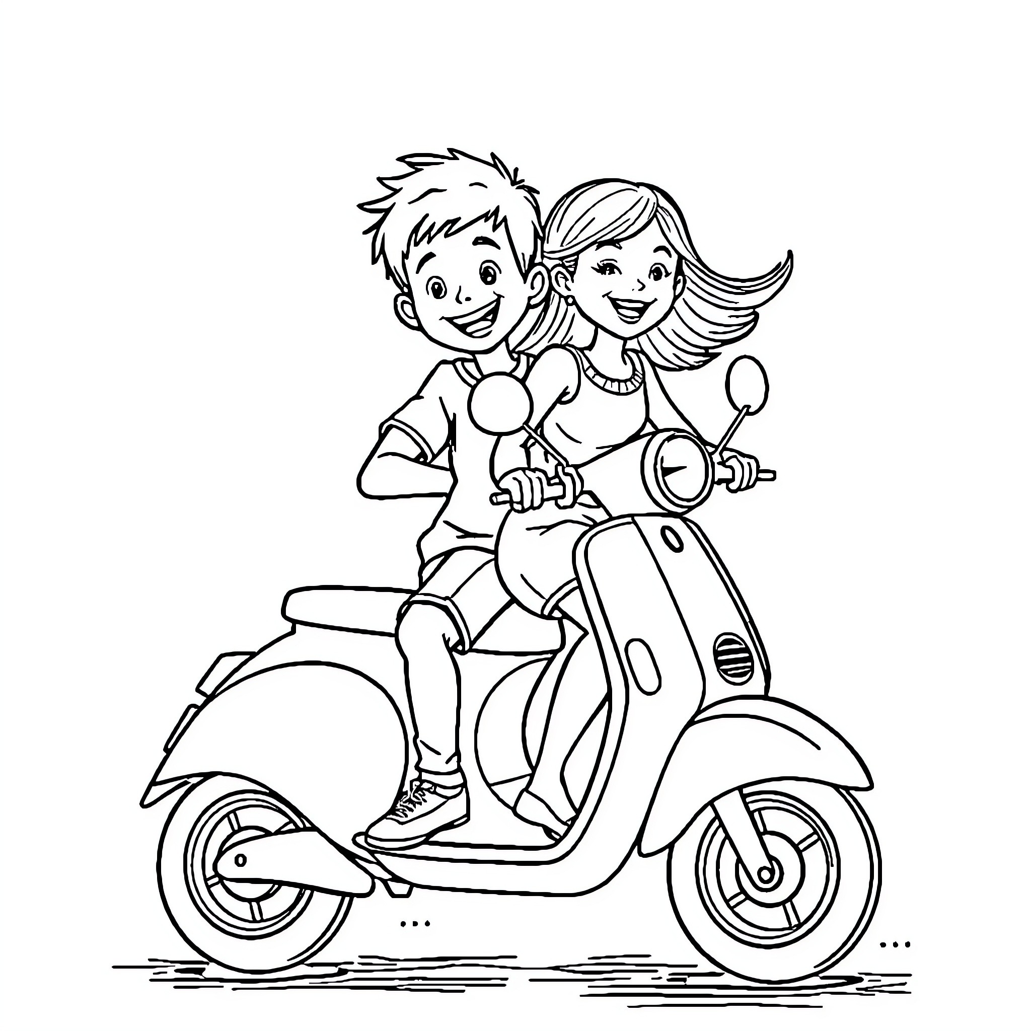 Ola Scooter Ride with Friends Coloring Page (free black-and-white line drawing printable PDF for all, from beginners to advanced learners, including children, teens, adults, and seniors)