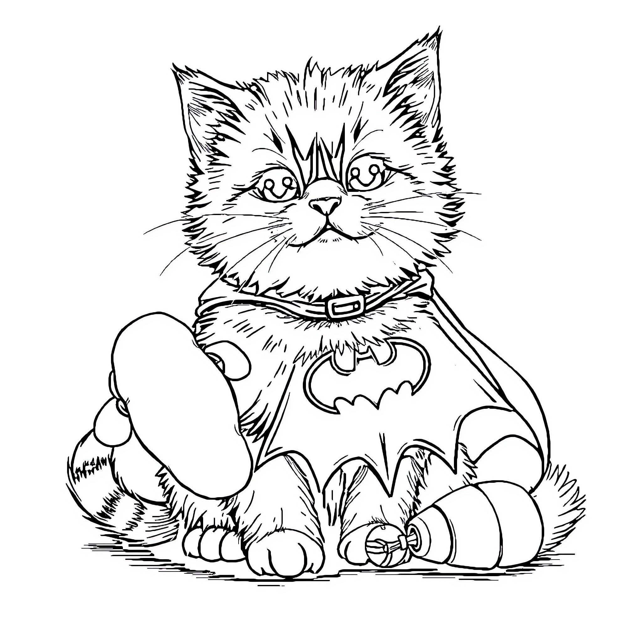 Cat in superhero costume Coloring Page (free black-and-white line drawing printable PDF for all, from beginners to advanced learners, including children, teens, adults, and seniors)