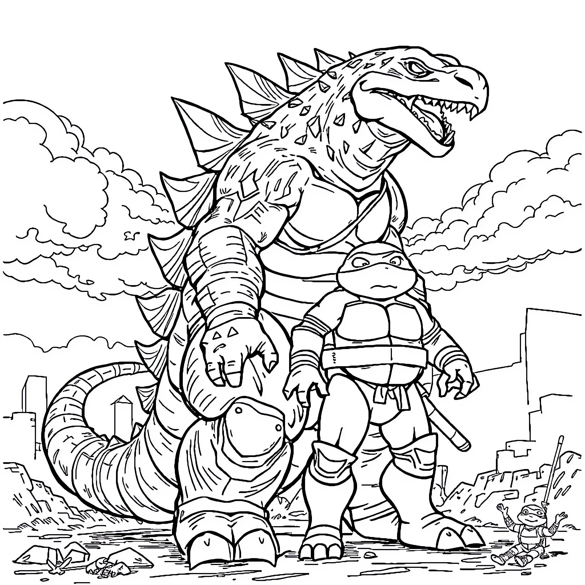 Godzilla battling a giant mutant turtle in the city Coloring Page (free black-and-white line drawing printable PDF for all, from beginners to advanced learners, including children, teens, adults, and seniors)