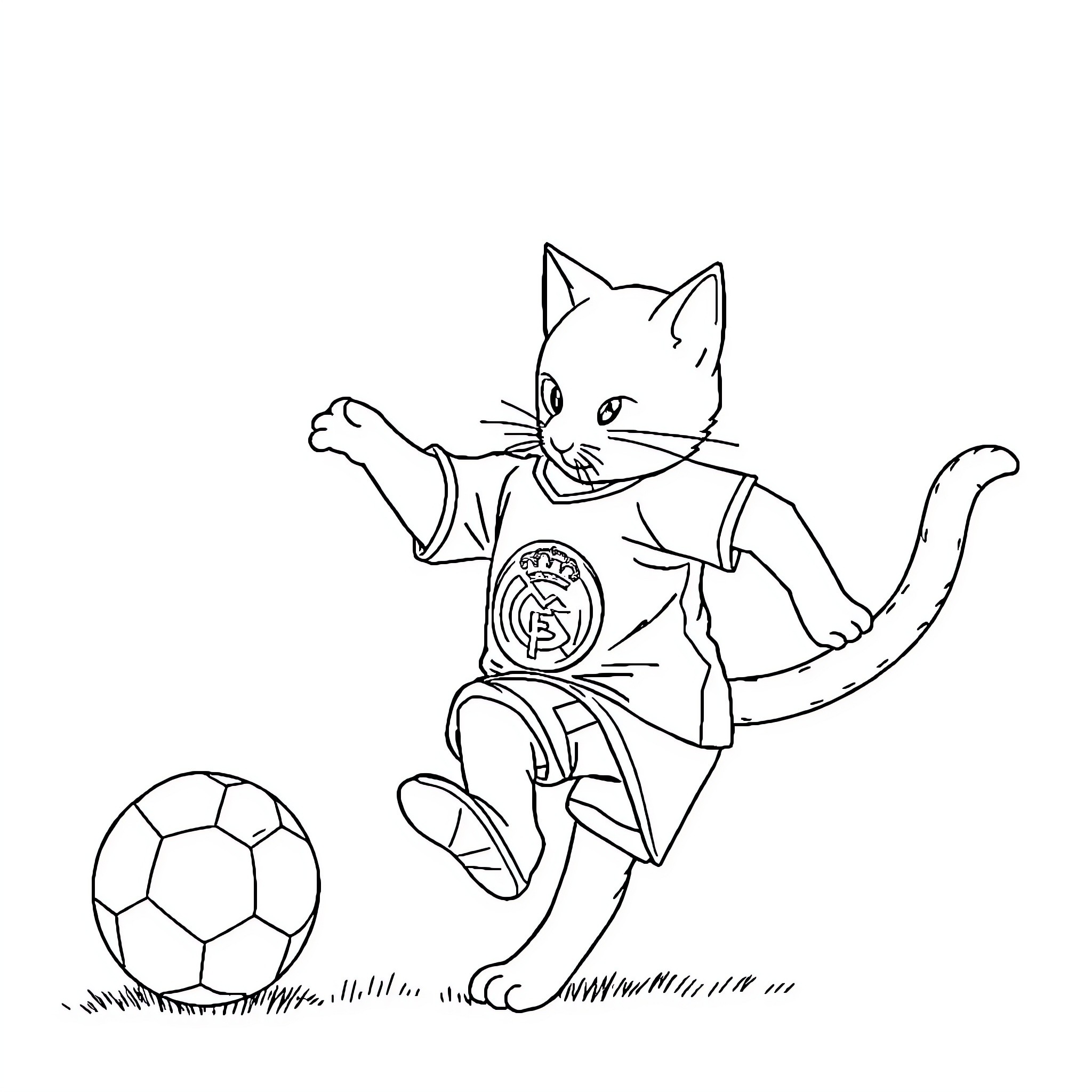 Chat playing soccer with soccer ball Coloring Page (free black-and-white line drawing printable PDF for all, from beginners to advanced learners, including children, teens, adults, and seniors)