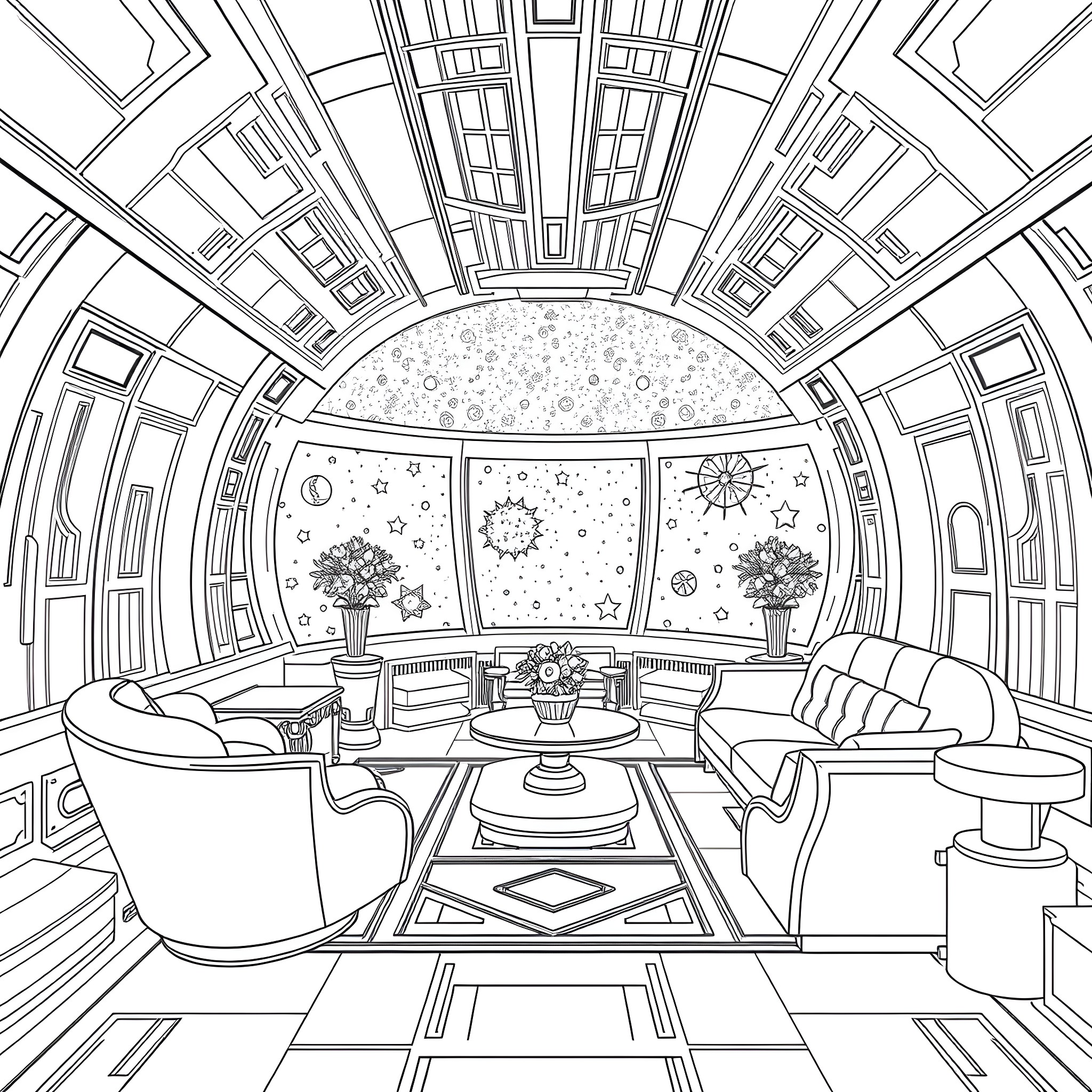 Space Ship Interior with Futuristic Furniture and Decor Coloring Page (free black-and-white line drawing printable PDF for all, from beginners to advanced learners, including children, teens, adults, and seniors)