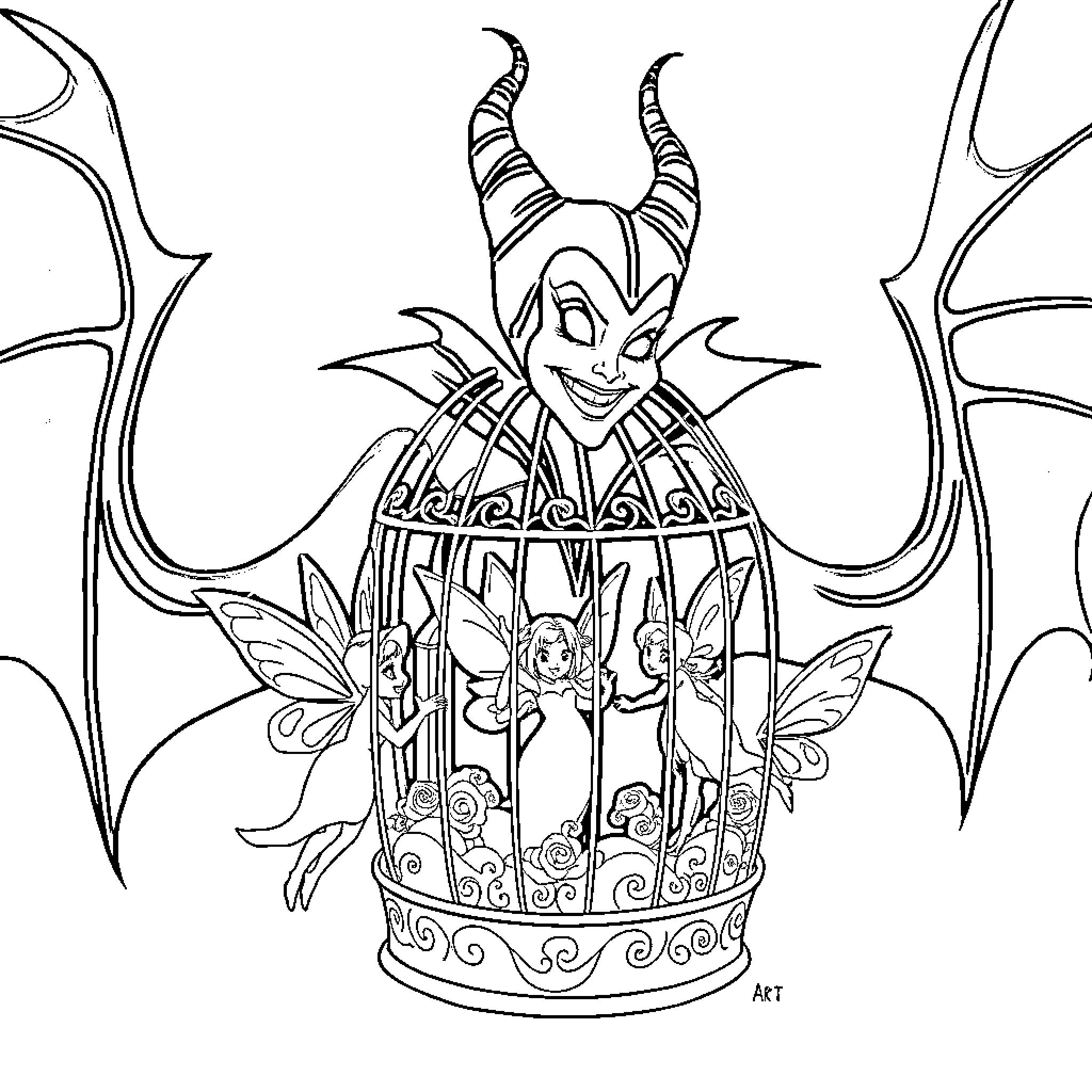 Maleficent's Enchanting Cage of Fairies Coloring Page (free black-and-white line drawing printable PDF for all, from beginners to advanced learners, including children, teens, adults, and seniors)