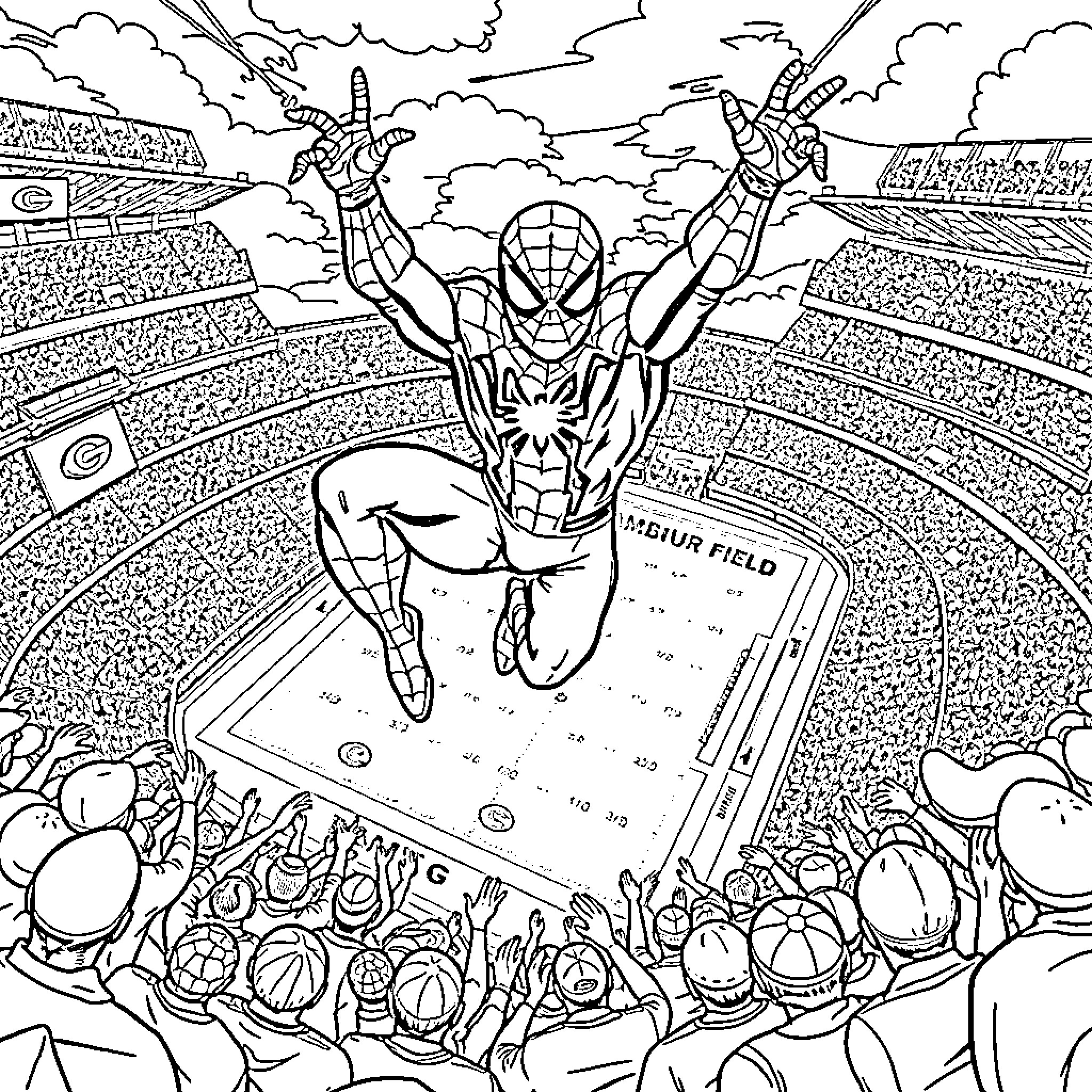 Spiderman soaring through the stadium Coloring Page (free black-and-white line drawing printable PDF for all, from beginners to advanced learners, including children, teens, adults, and seniors)