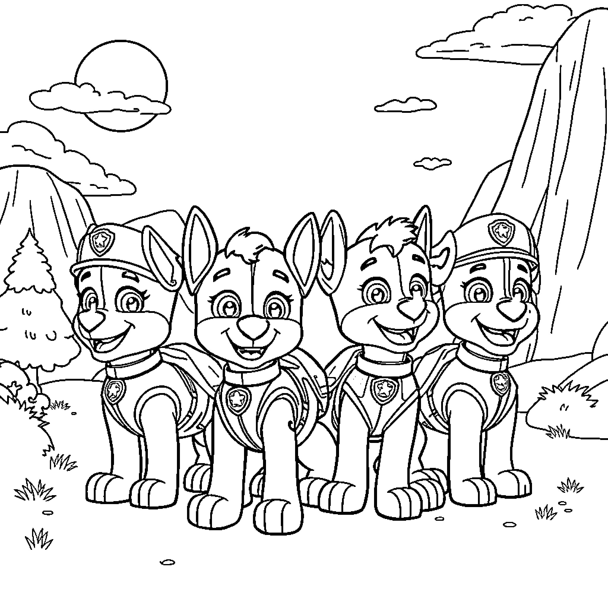 Paw Patrol pups in a scenic outdoor setting Coloring Page (free black-and-white line drawing printable PDF for all, from beginners to advanced learners, including children, teens, adults, and seniors)