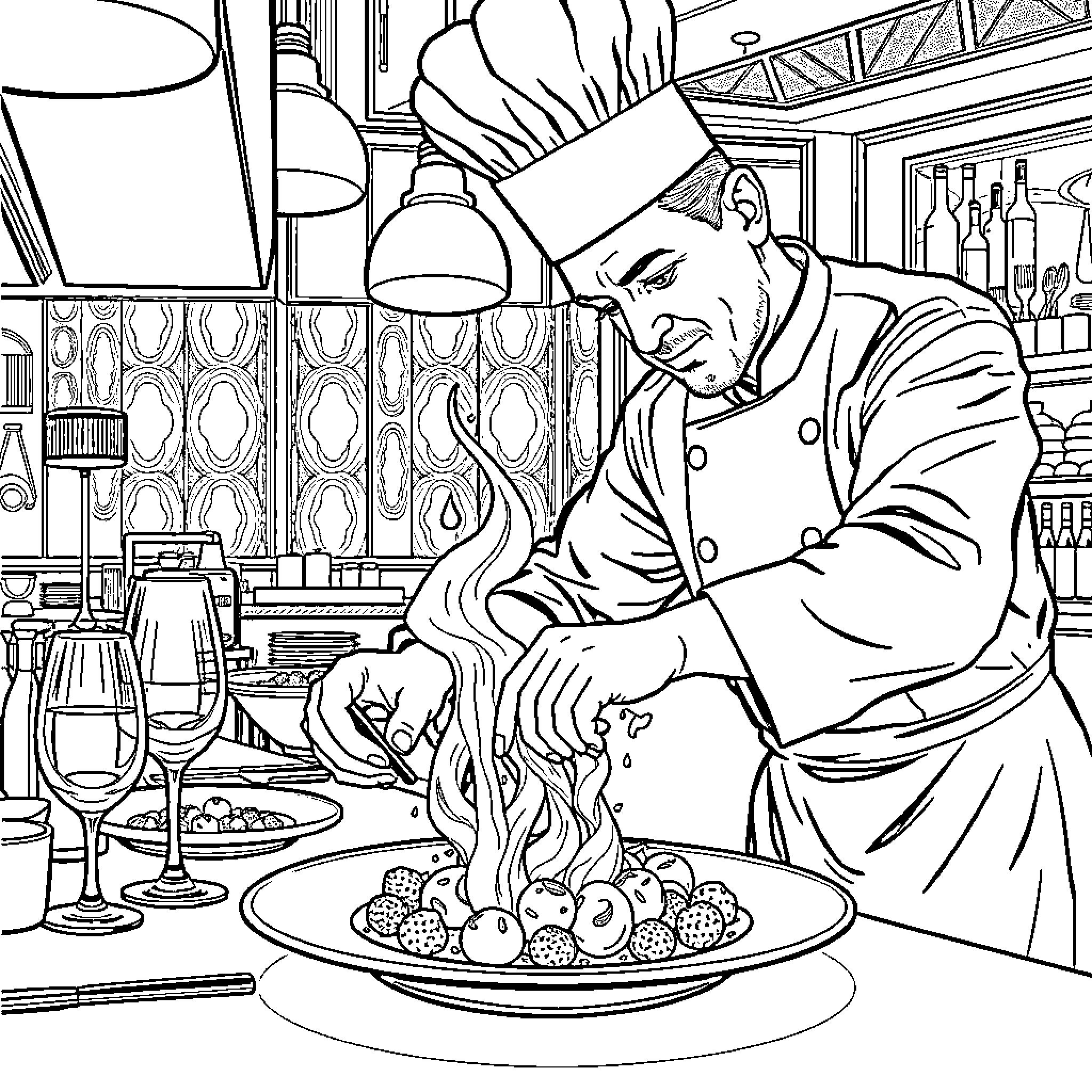 Chef cooking a delicious meal in the kitchen Coloring Page (free black-and-white line drawing printable PDF for all, from beginners to advanced learners, including children, teens, adults, and seniors)