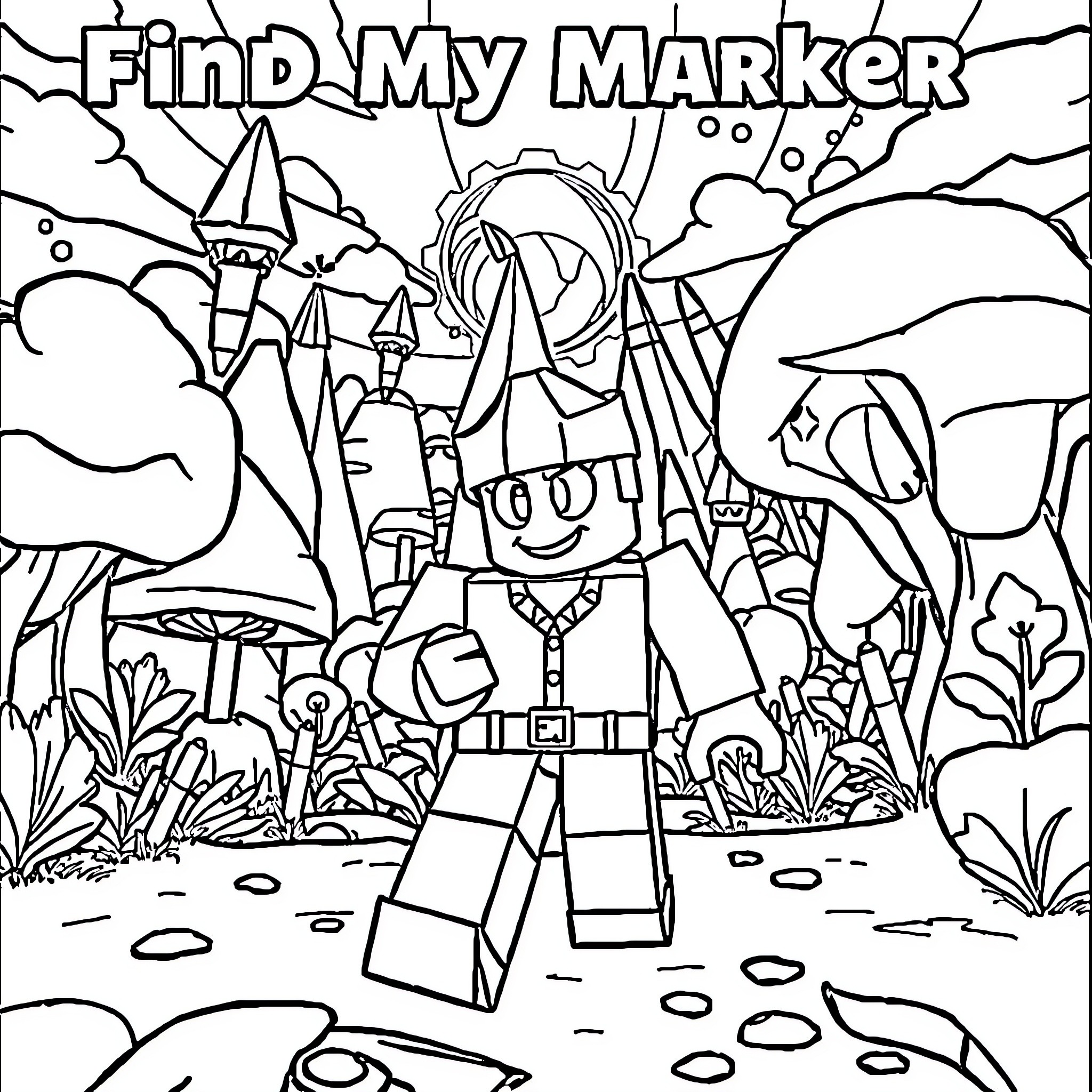 Roblox character adventures in a fantasy world Coloring Page (free black-and-white line drawing printable PDF for all, from beginners to advanced learners, including children, teens, adults, and seniors)