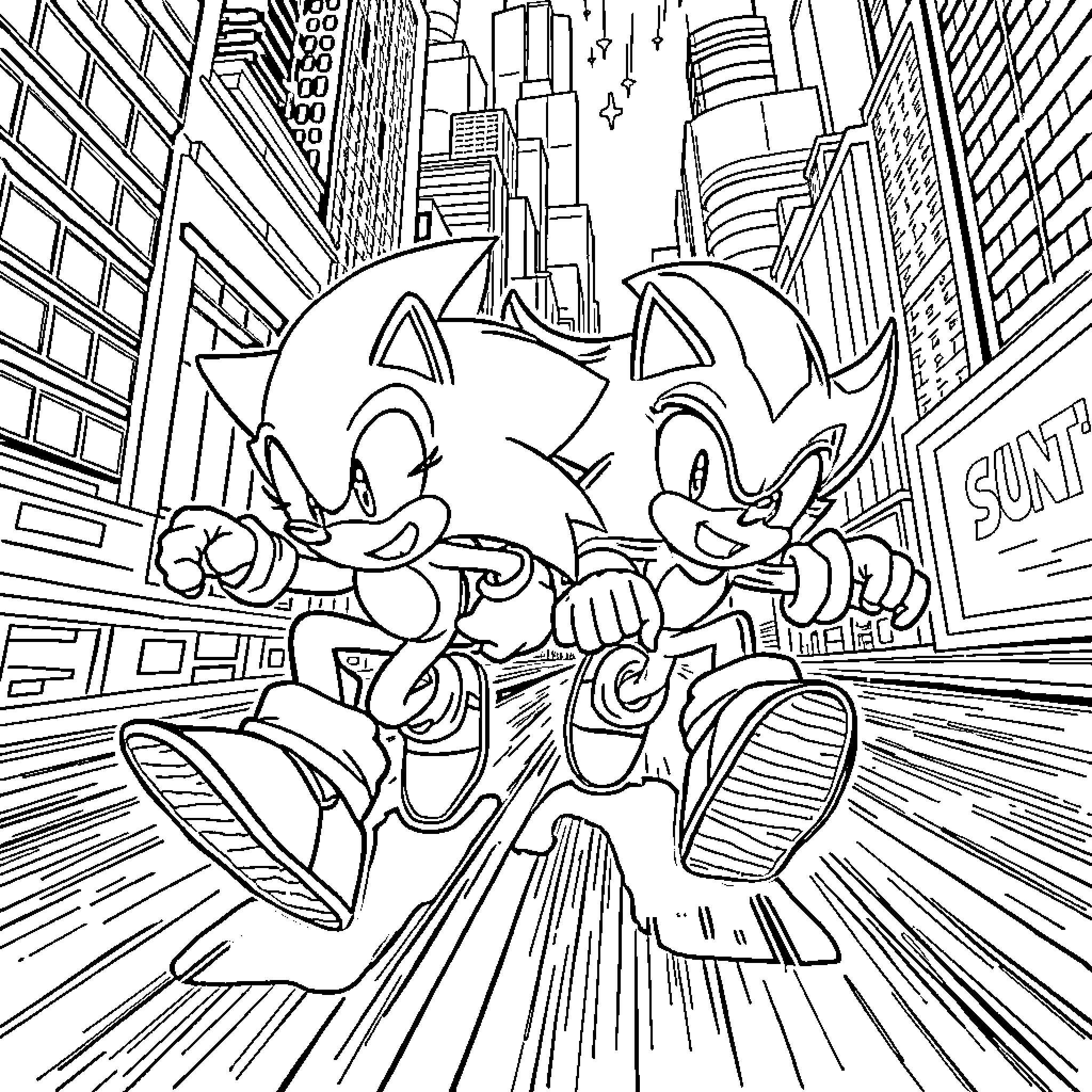 Hedgehogs racing through the city at high speed Coloring Page (free black-and-white line drawing printable PDF for all, from beginners to advanced learners, including children, teens, adults, and seniors)