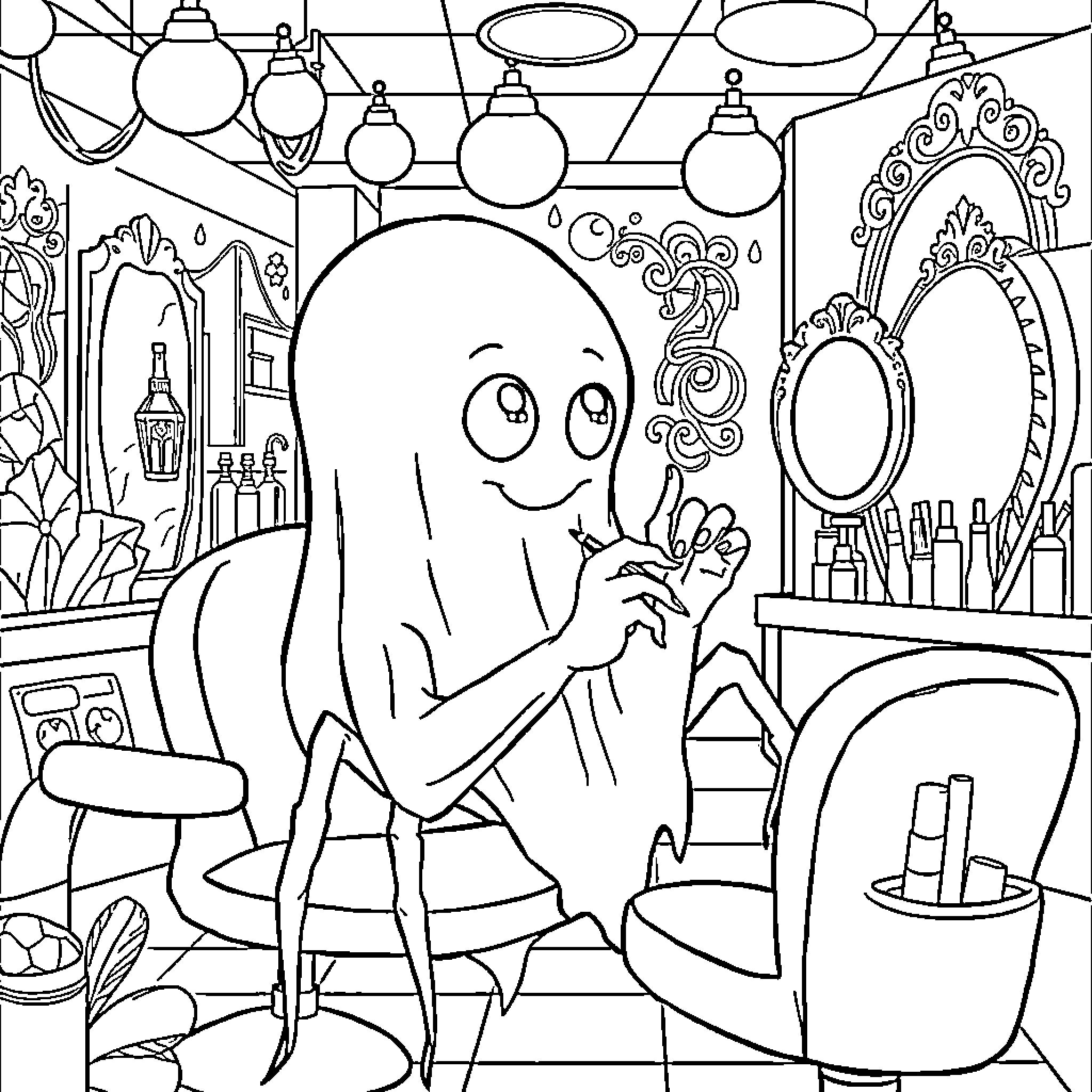 Ghost Spider setting up a cozy vanity space Coloring Page (free black-and-white line drawing printable PDF for all, from beginners to advanced learners, including children, teens, adults, and seniors)